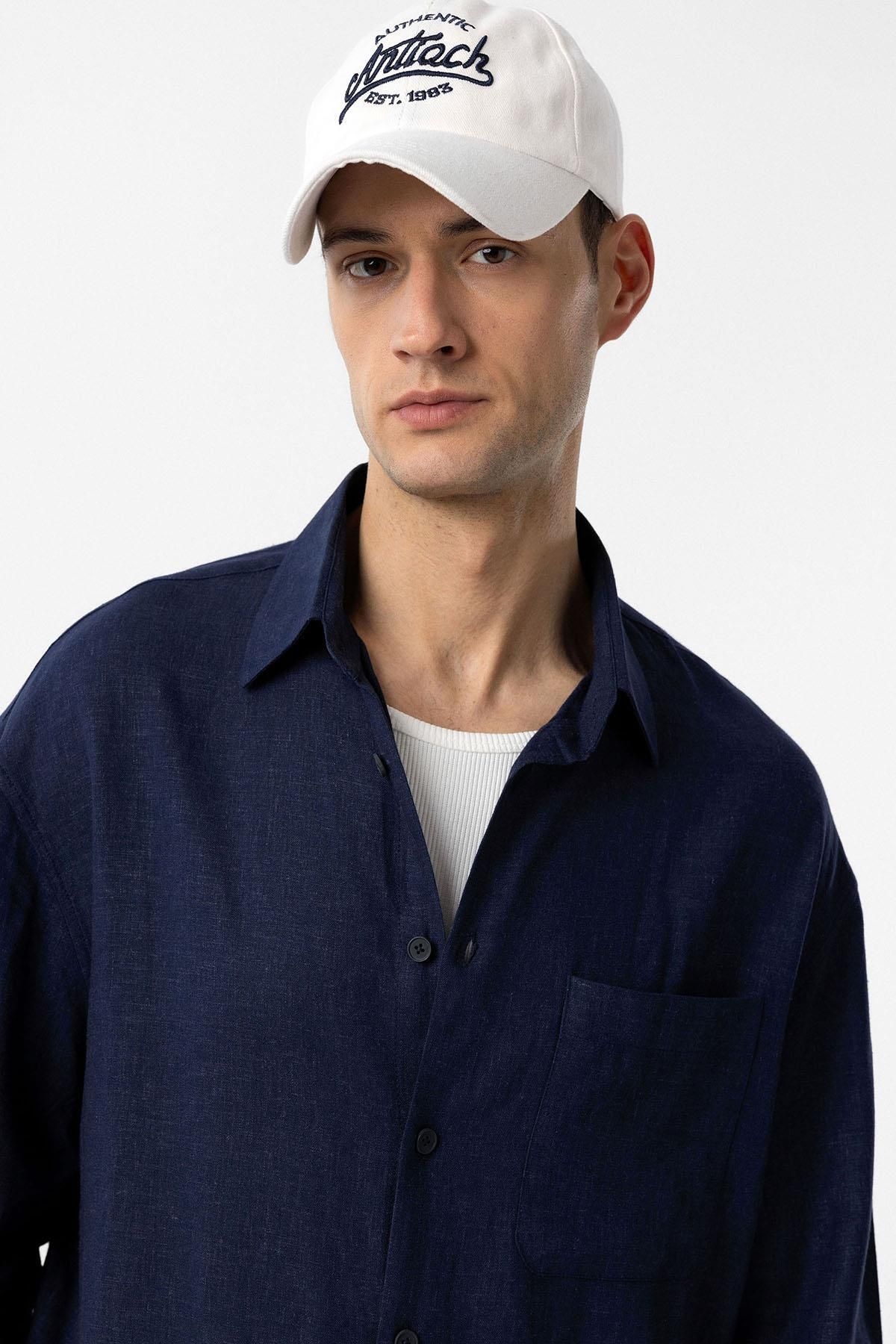 Antioch-Navy Blue Linen Blended Relax Fit Men's Shirt 3