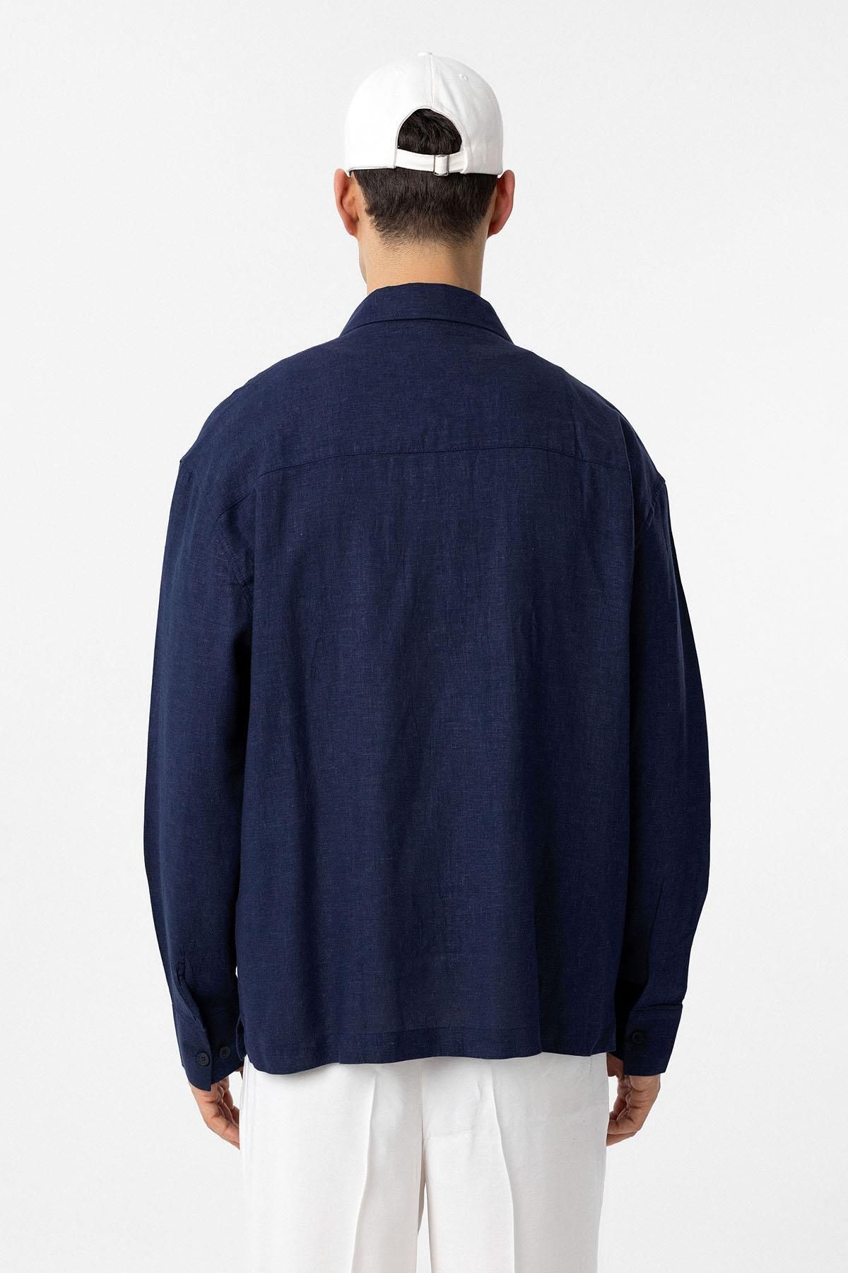 Antioch-Navy Blue Linen Blended Relax Fit Men's Shirt 5