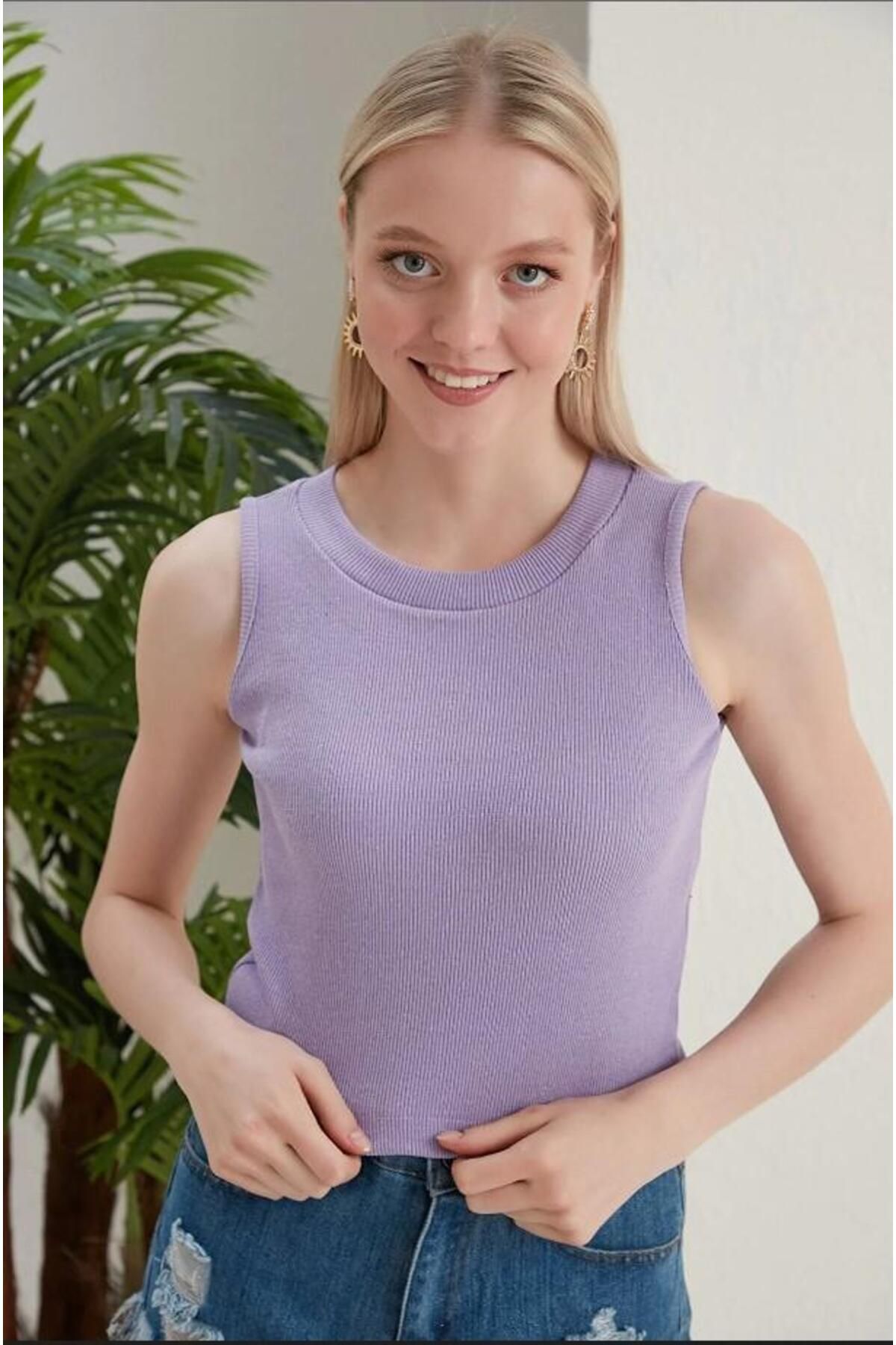 Giyimodam Kadın Halter Yaka Kaşkorse Mor Crop Atlet