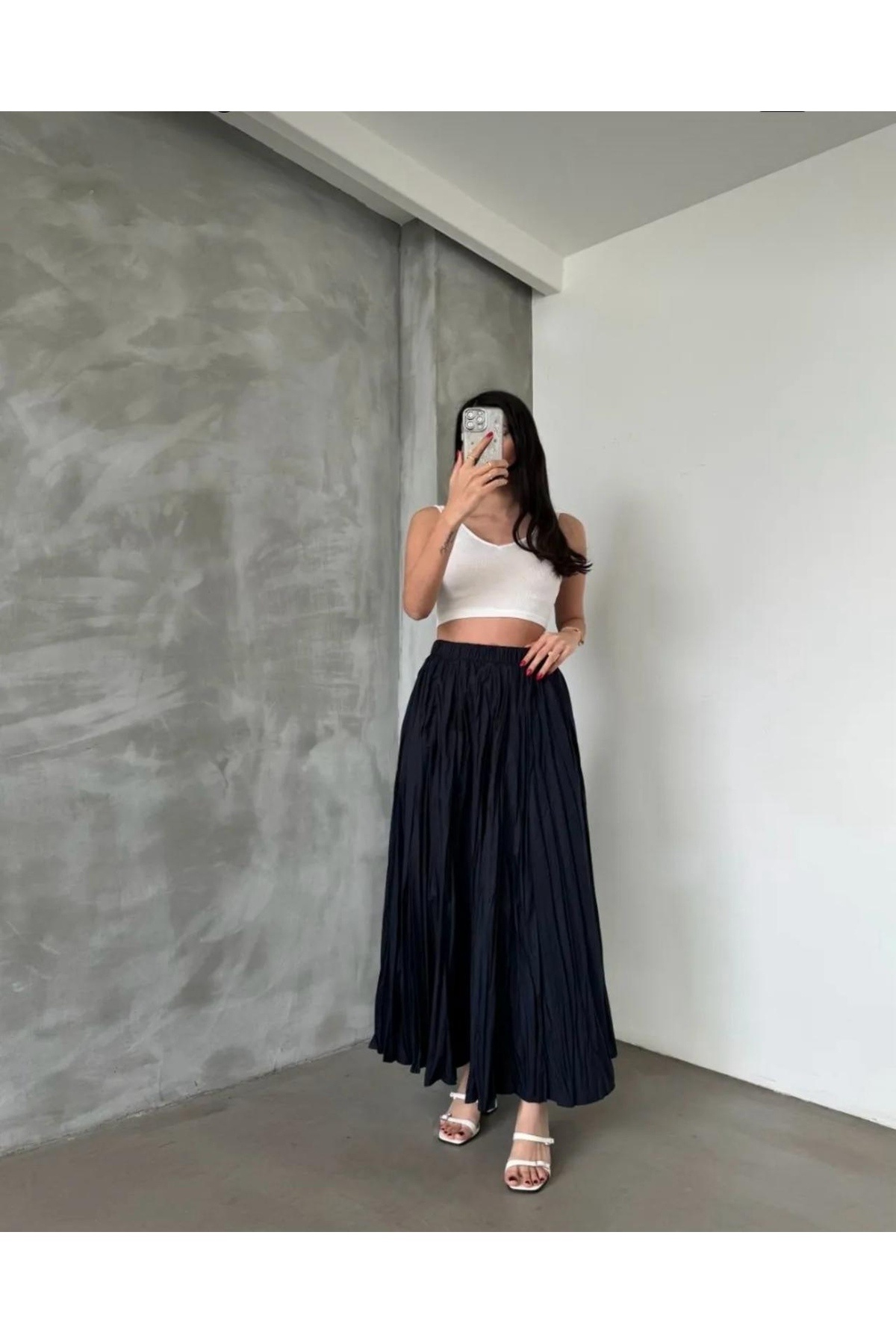 Navy Blue Elastic Waist Crinkle Micro Long Women's Skirt - Görsel 4