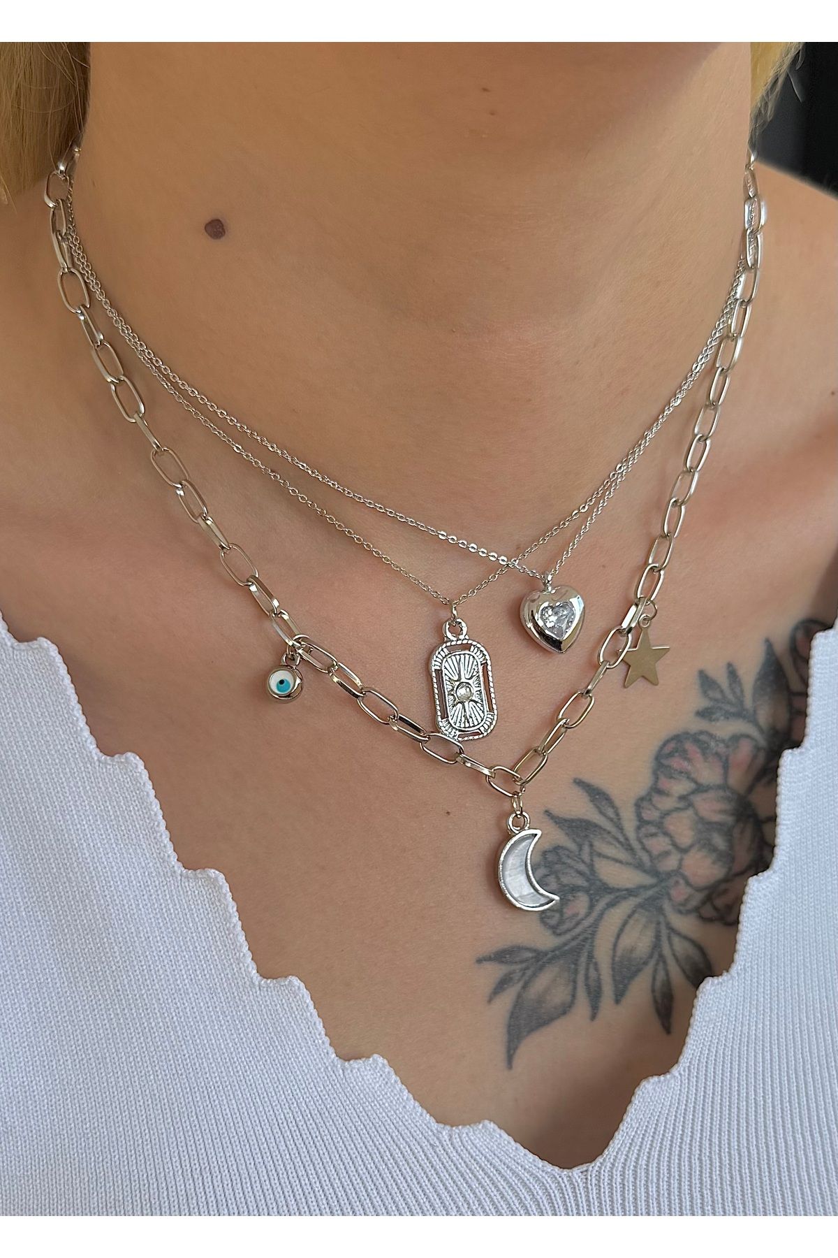 Charm zirkon taşlı silver kadın set kolye