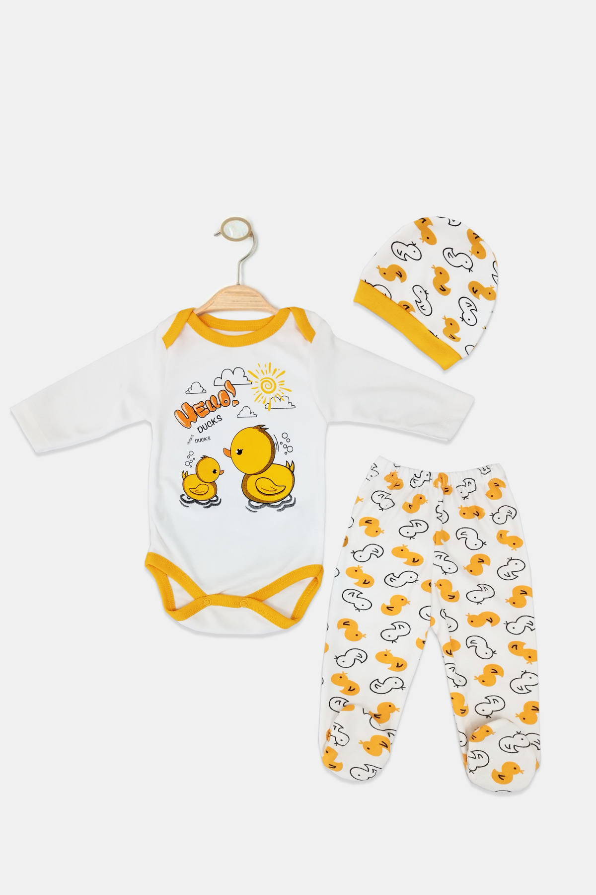 Trend Bebe Butik Ördek Desenli 3'lü Bebek Zıbın Takımı   %100 Pamuk  Unisex Yenidoğan ve 0-6 Ay Bebek Kıyafet Seti fotoğrafı 3 (önizleme)