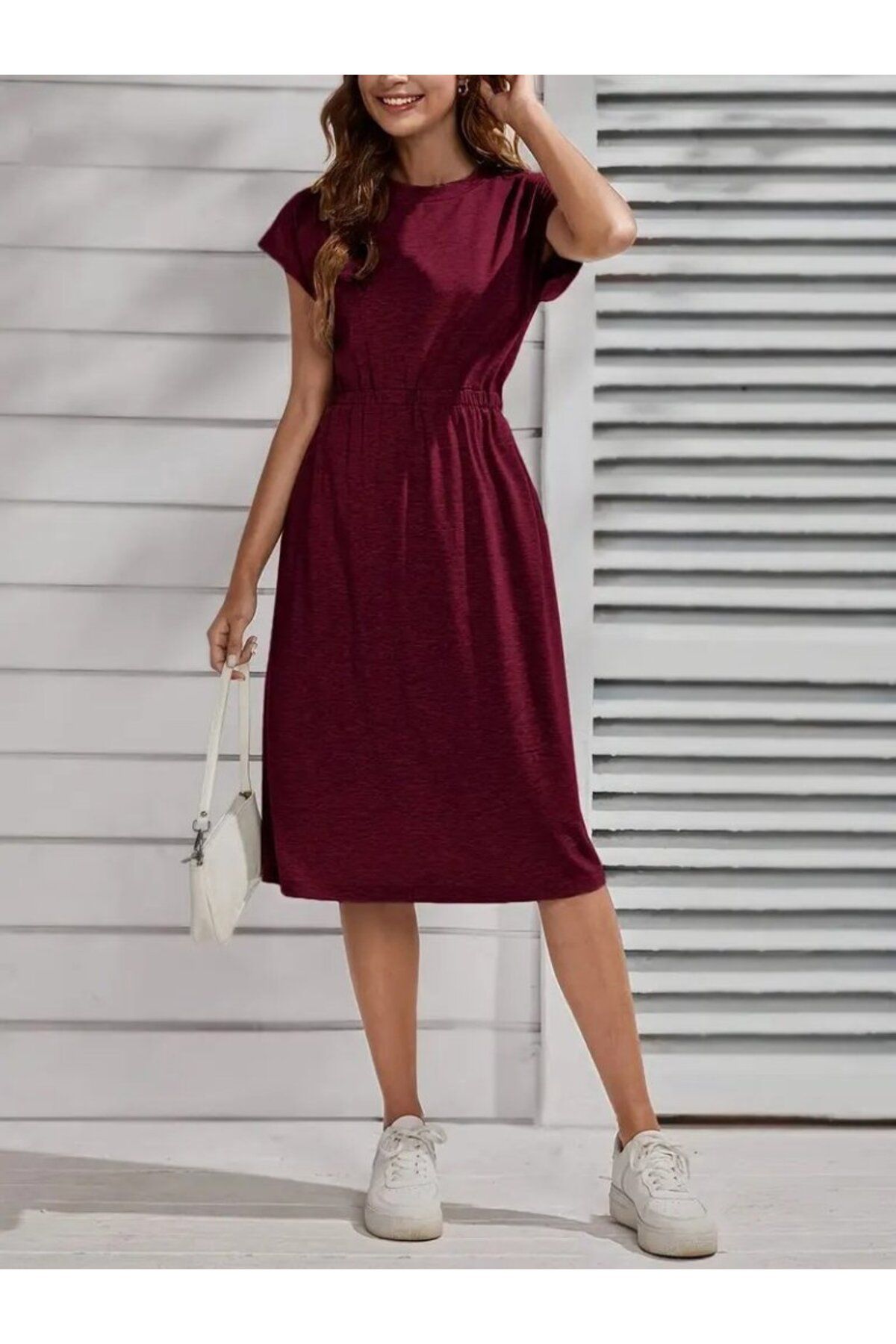 velmorafashion Kadın Kısa Kollu Bisiklet Yaka Belden Lastikli Midi Viskon Elbise