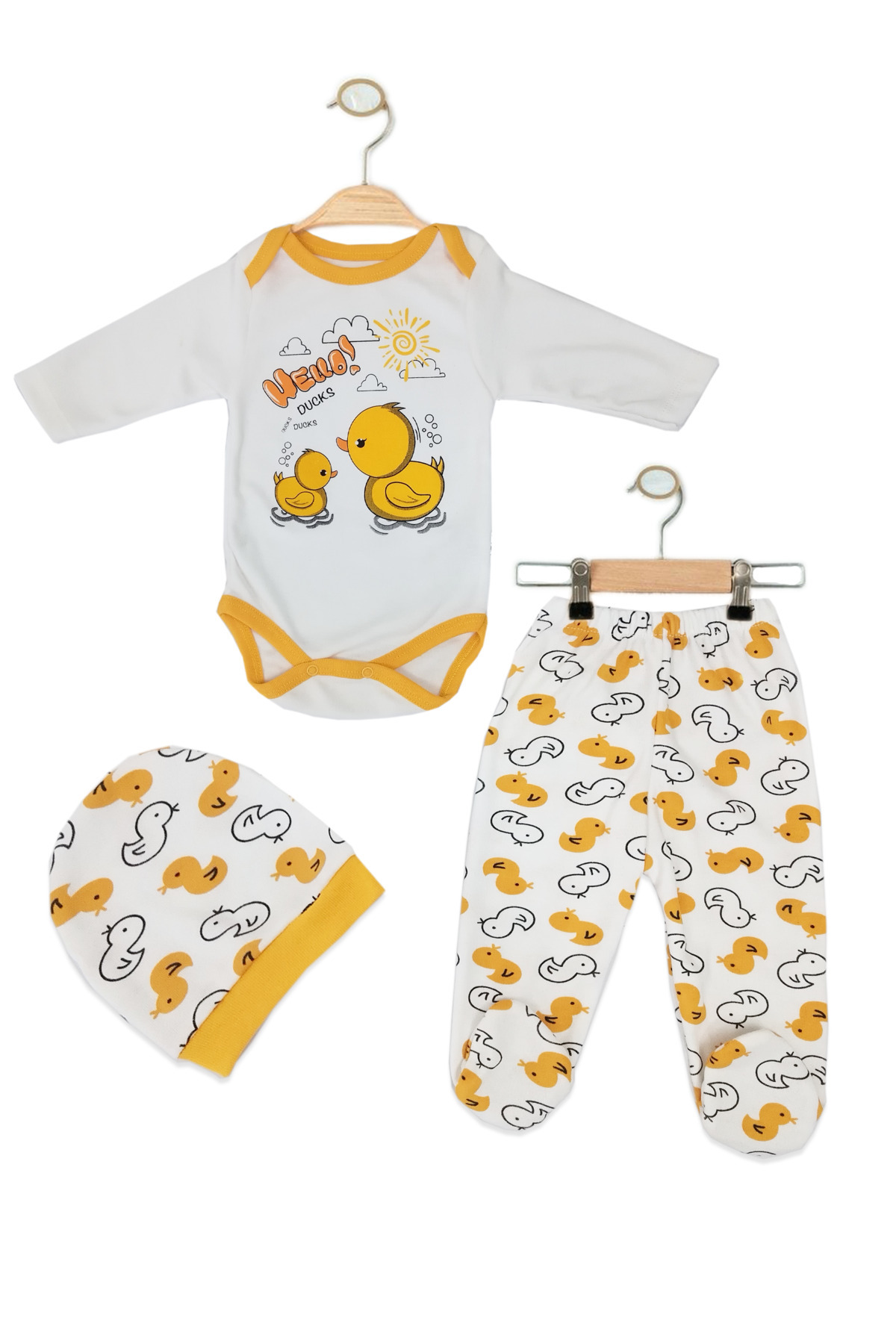 Trend Bebe Butik Ördek Desenli 3'lü Bebek Zıbın Takımı   %100 Pamuk  Unisex Yenidoğan ve 0-6 Ay Bebek Kıyafet Seti fotoğrafı 2 (önizleme)