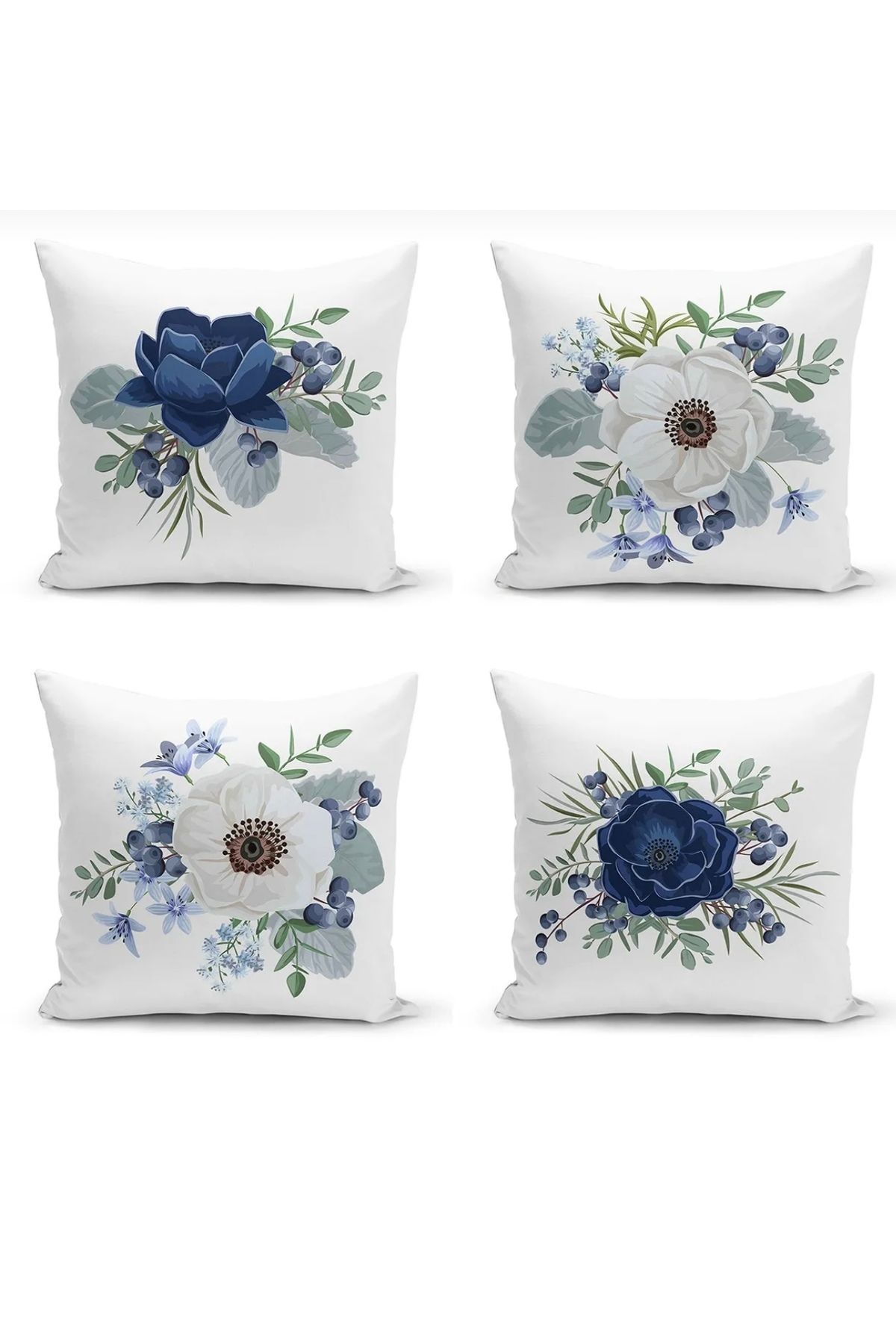 ALAMODECOR 6 lı mavi beyaz renkli gül desenli çift taraflı dijital baskılı kırlent kılıfı