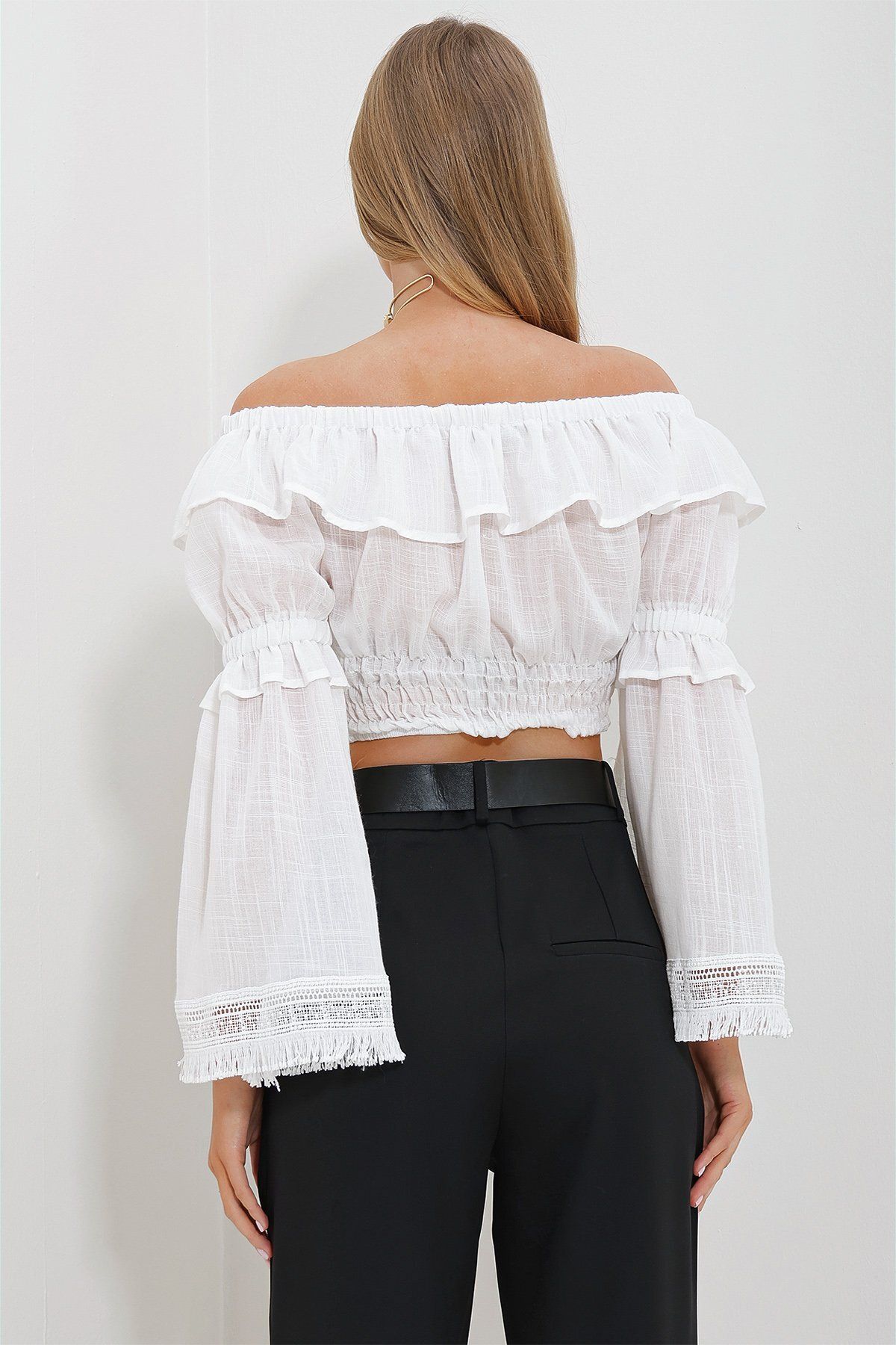 Lusin-Women's Madonna Ruffle Guipure Detailed Luxury Quality Crop Blouse 3
