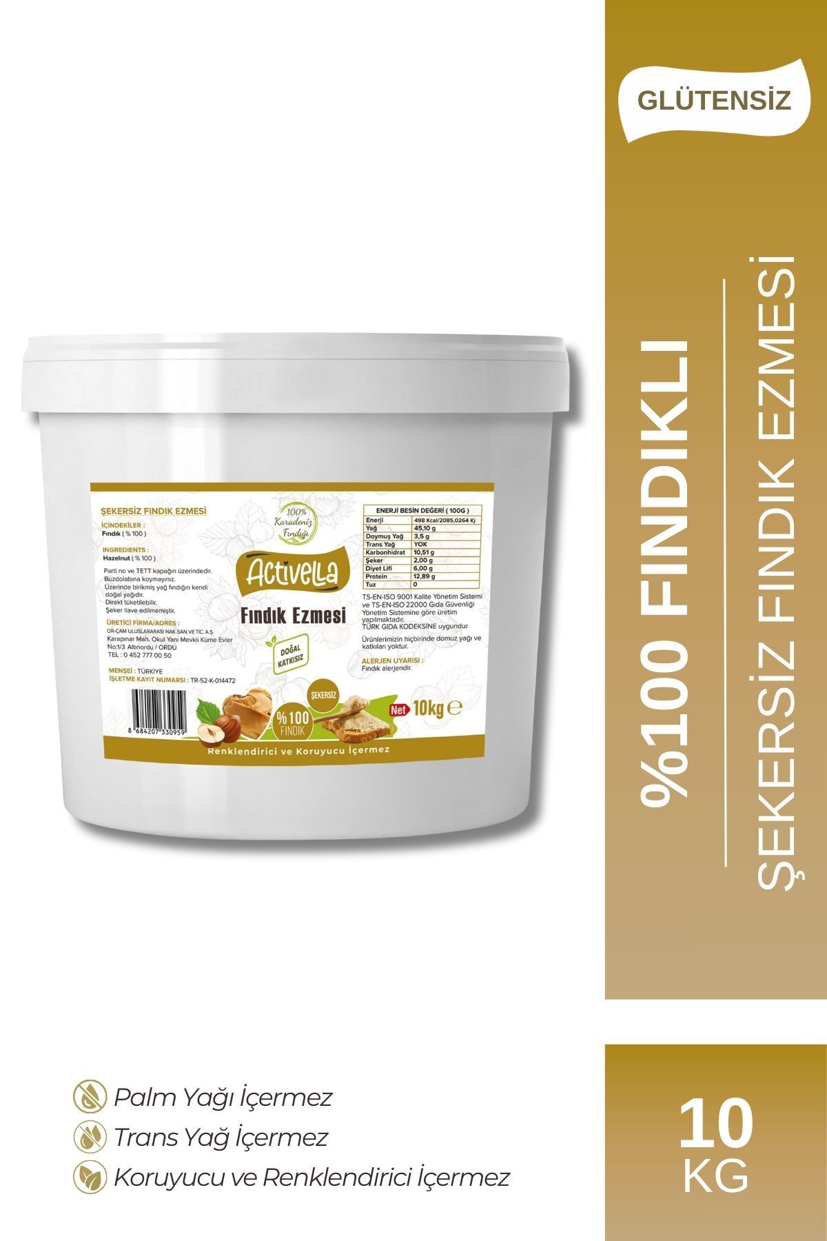 Activella Şekersiz Fındık Ezmesi 10kg %100 Fındıklı