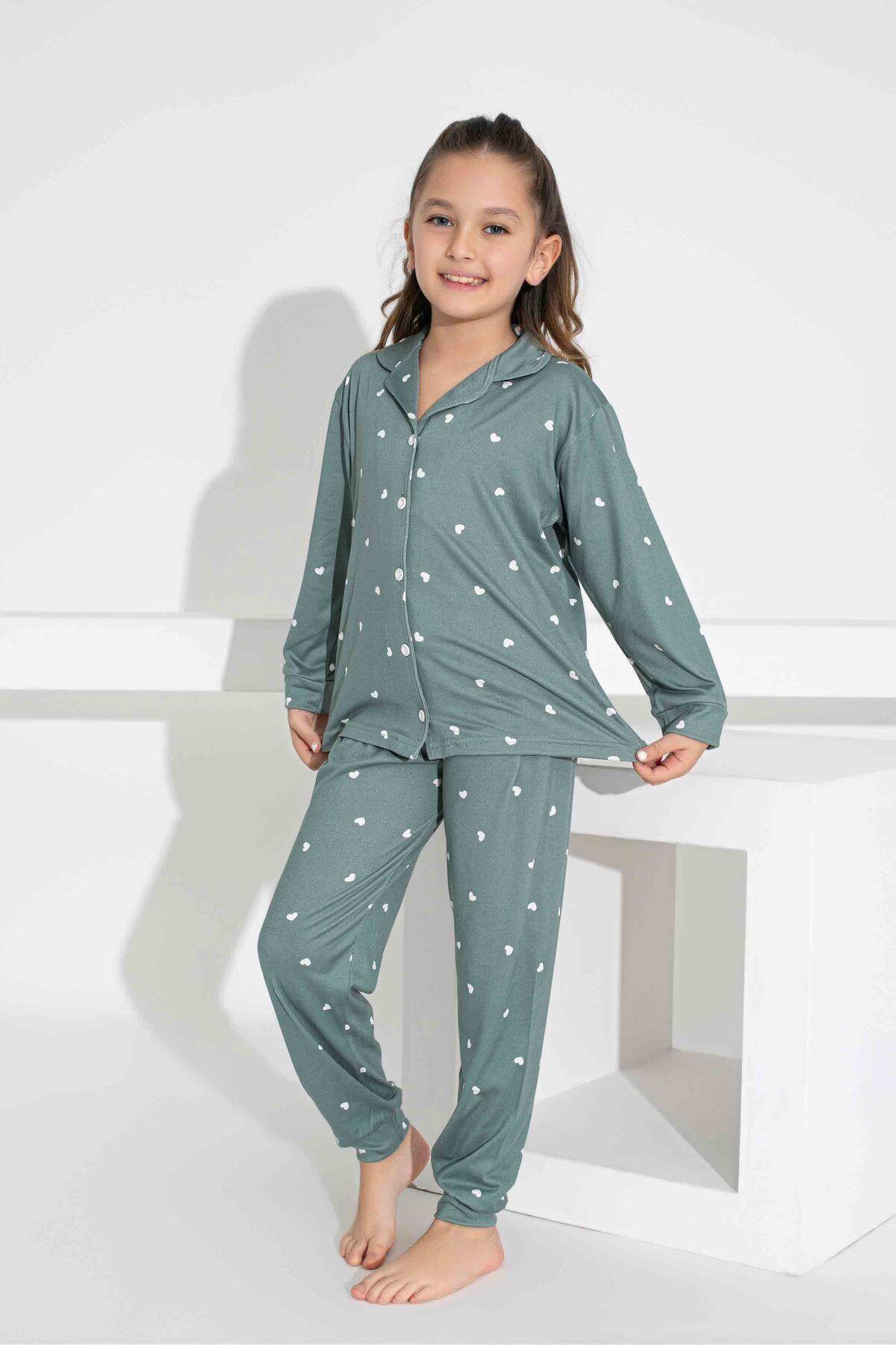 Tarık-Girl's Heart Patterned Buttoned Long Sleeve Pijama Suit 1