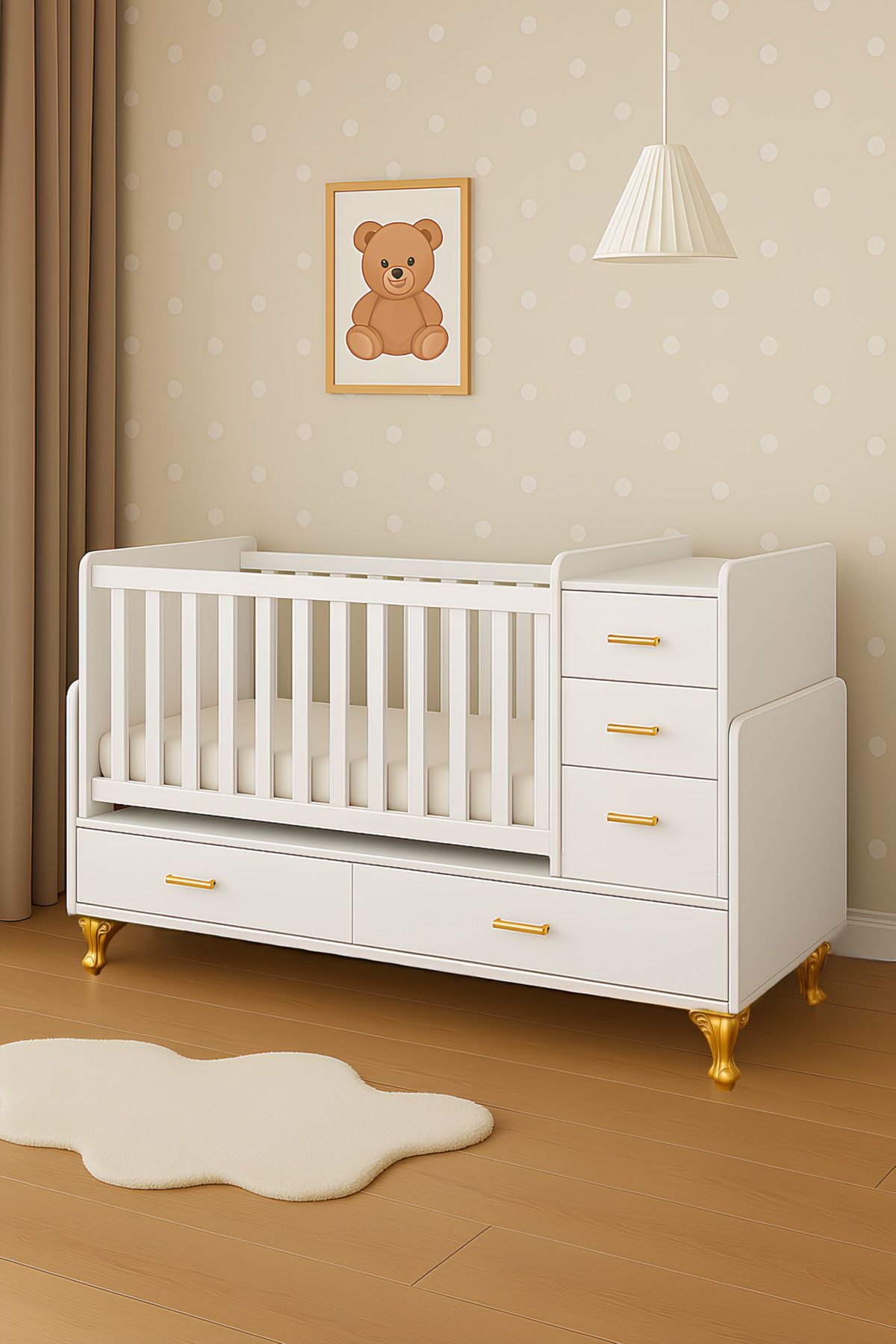 temosan 5 Çekmeceli Büyüyen ve Karyola Olabilen Anne Yanı Sallanan Bebek Beşiği 60 x 120 Altın Ayaklı