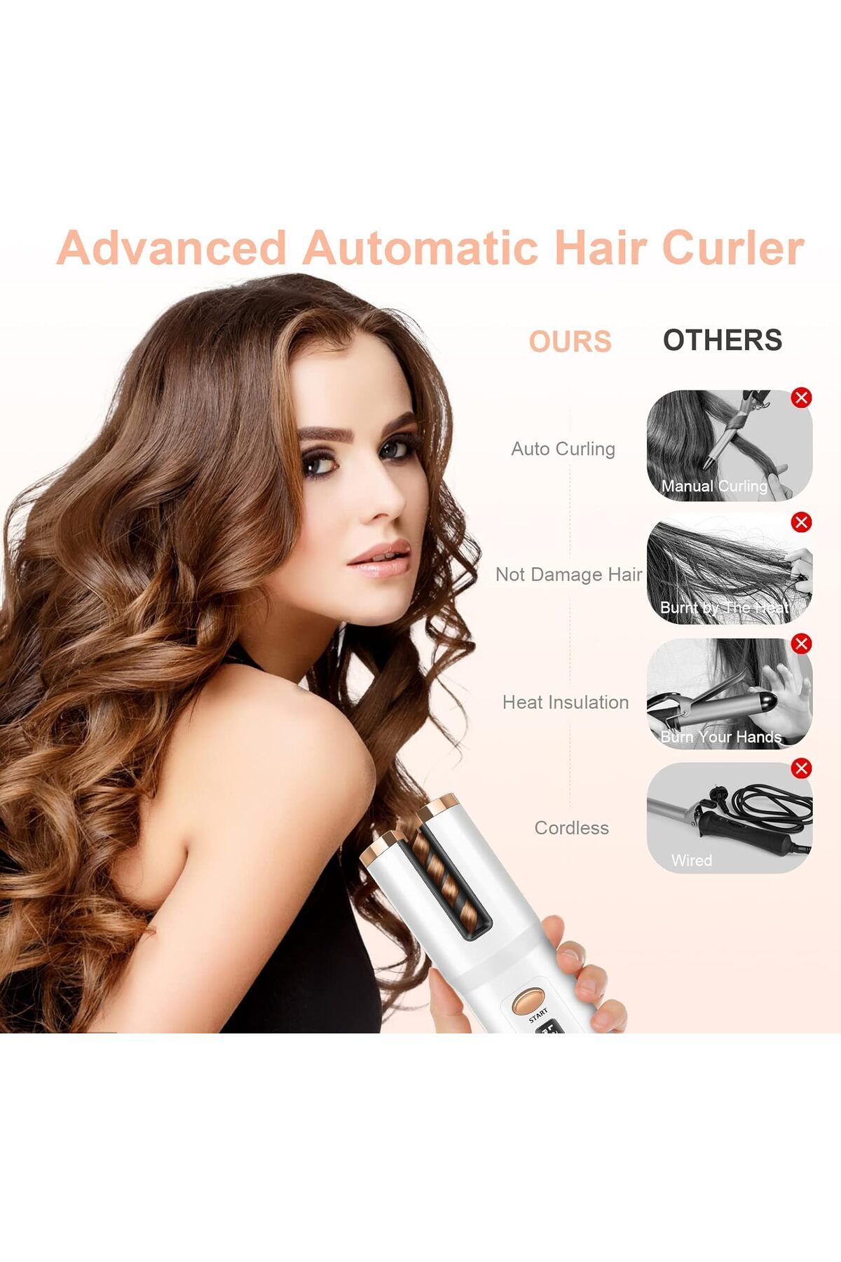 COOYA-Cordless Automatic Curling Iron, with LCD Display, 6 Temperature and Timer Settings, for all hair 2