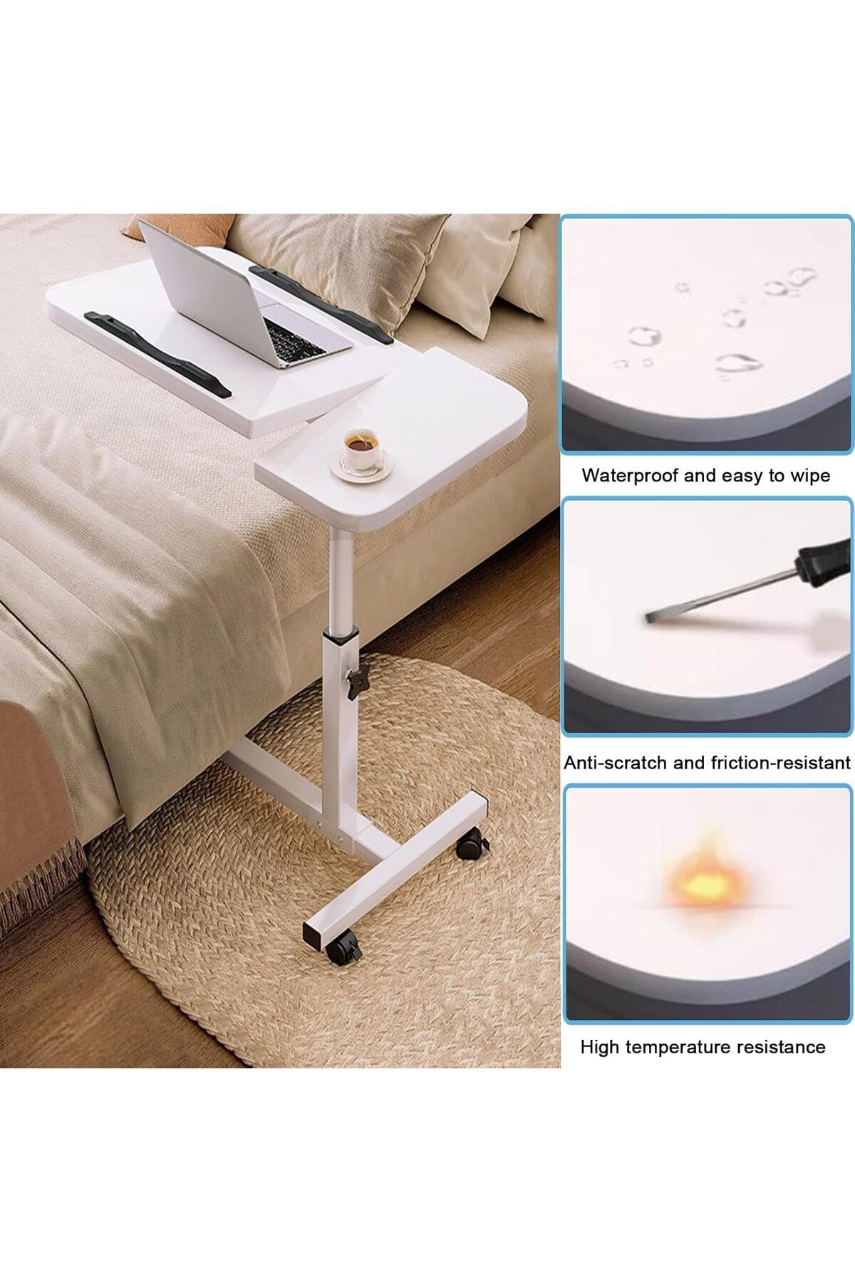 COOYA-Mobile Overbed Bedside Table,Adjustable Height,with 4 Wheels,Rotating Desktop,for Sofa Bed 7