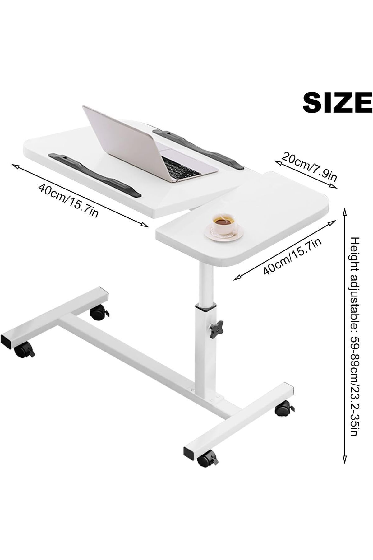 COOYA-Mobile Overbed Bedside Table,Adjustable Height,with 4 Wheels,Rotating Desktop,for Sofa Bed 4