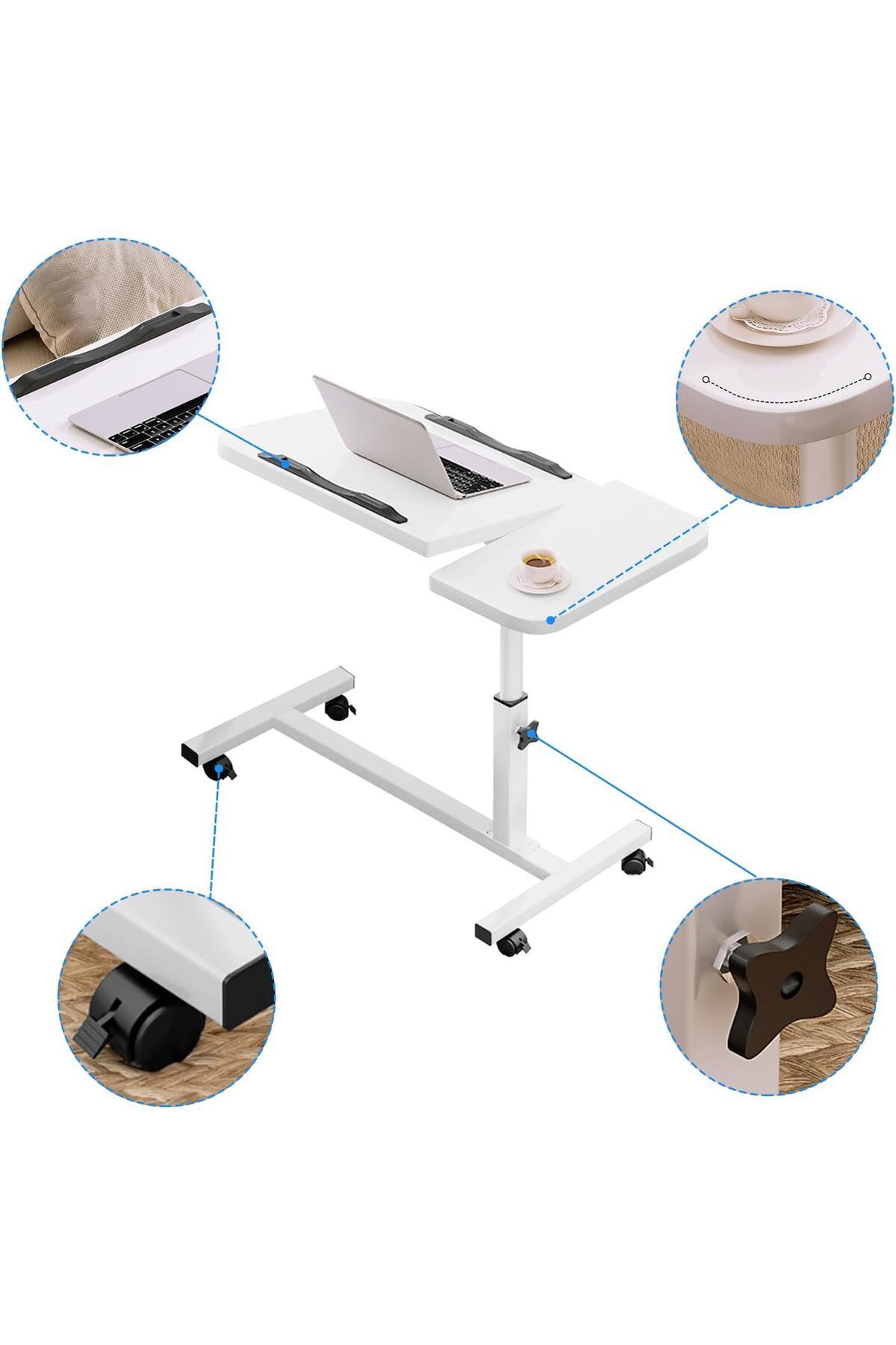 COOYA-Mobile Overbed Bedside Table,Adjustable Height,with 4 Wheels,Rotating Desktop,for Sofa Bed 5