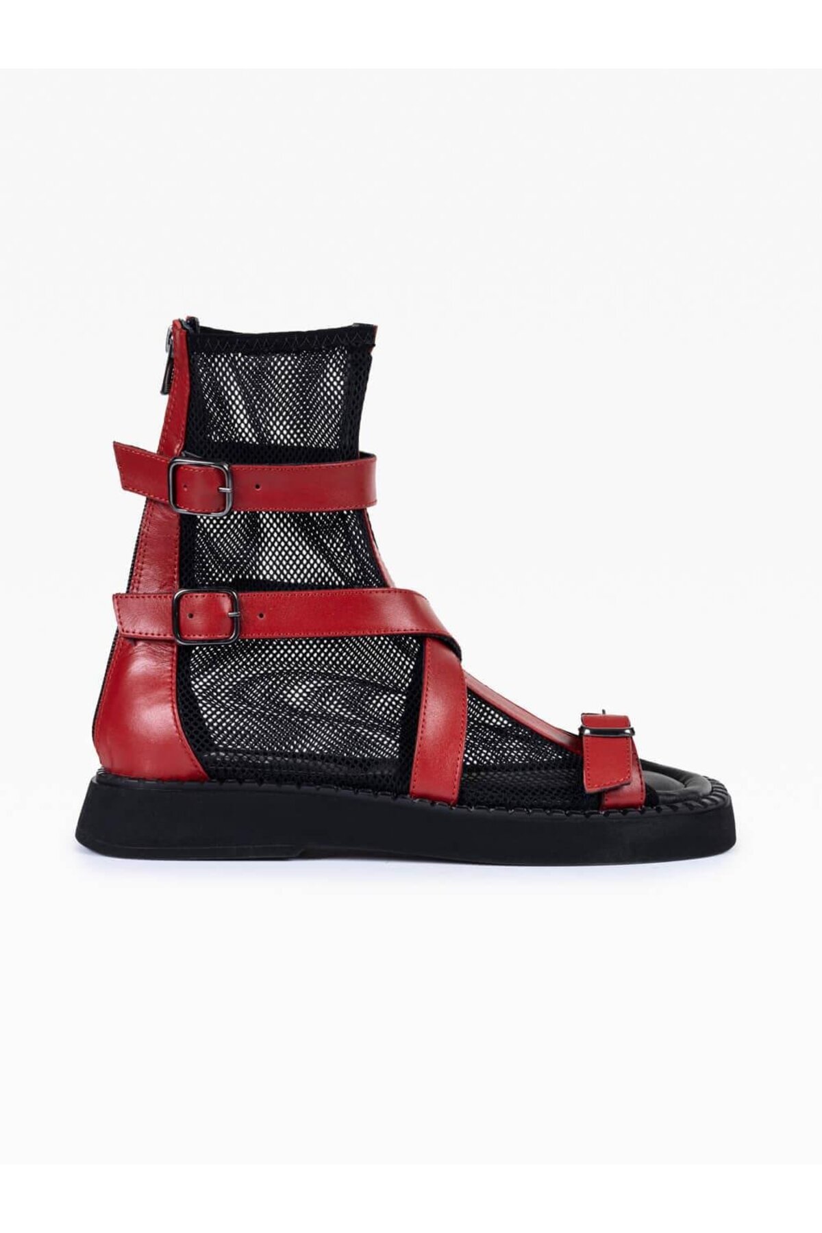 Raffia Red Leather Black Mesh Women's Sandals