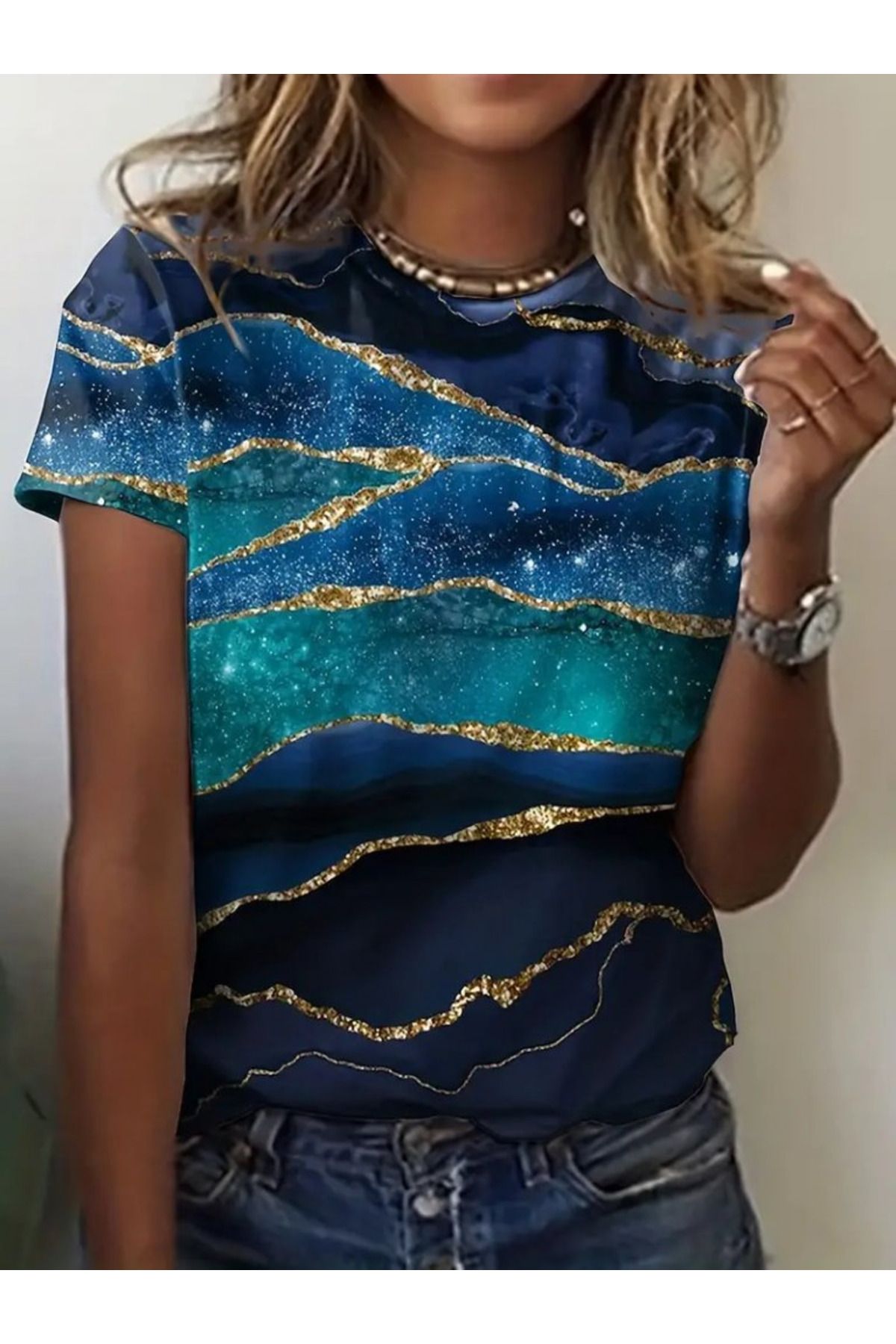 velmorafashion Kadın Kısa Kollu Bisiklet Yaka Mavili Sim Baskılı Sandy Bluz