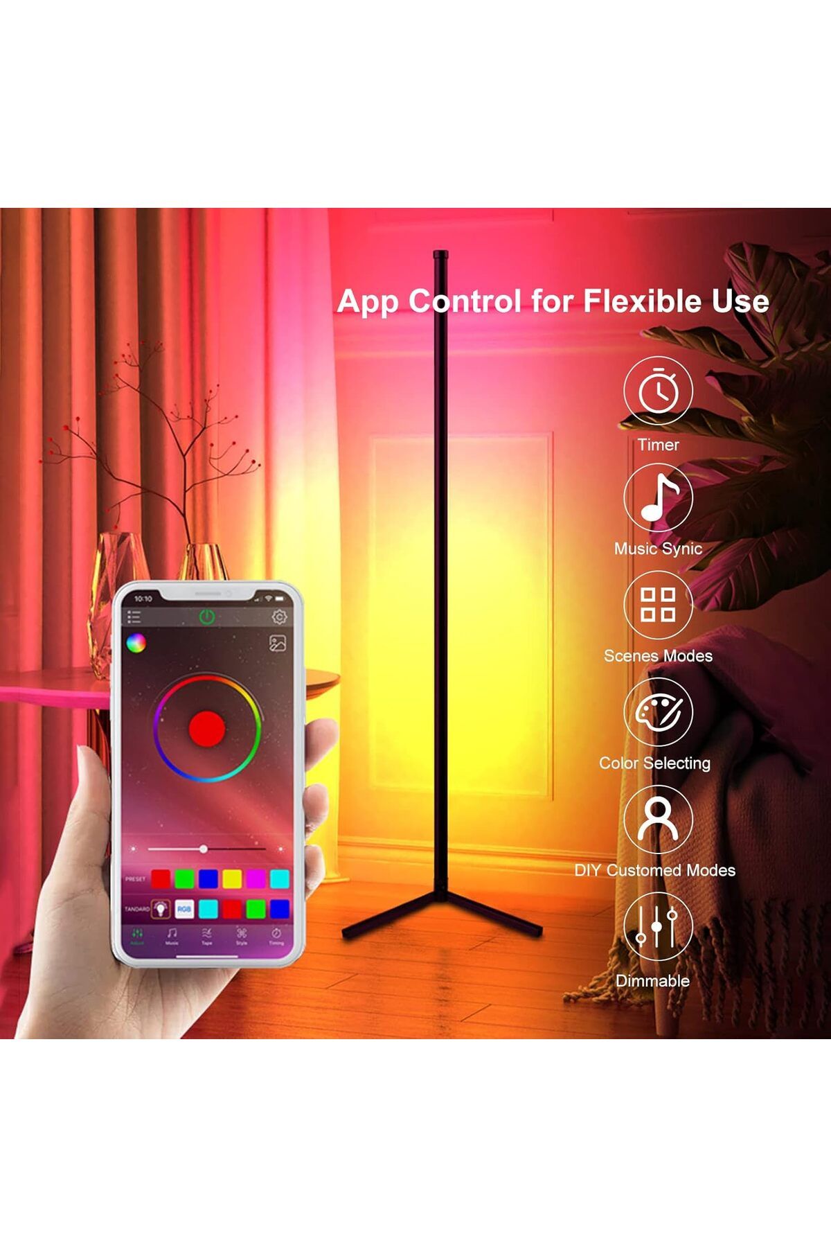 COOYA-Corner Floor Lamp, Connected LEDs RGB, with Controlller, 3 Controlling Modes, Timing Timer 3