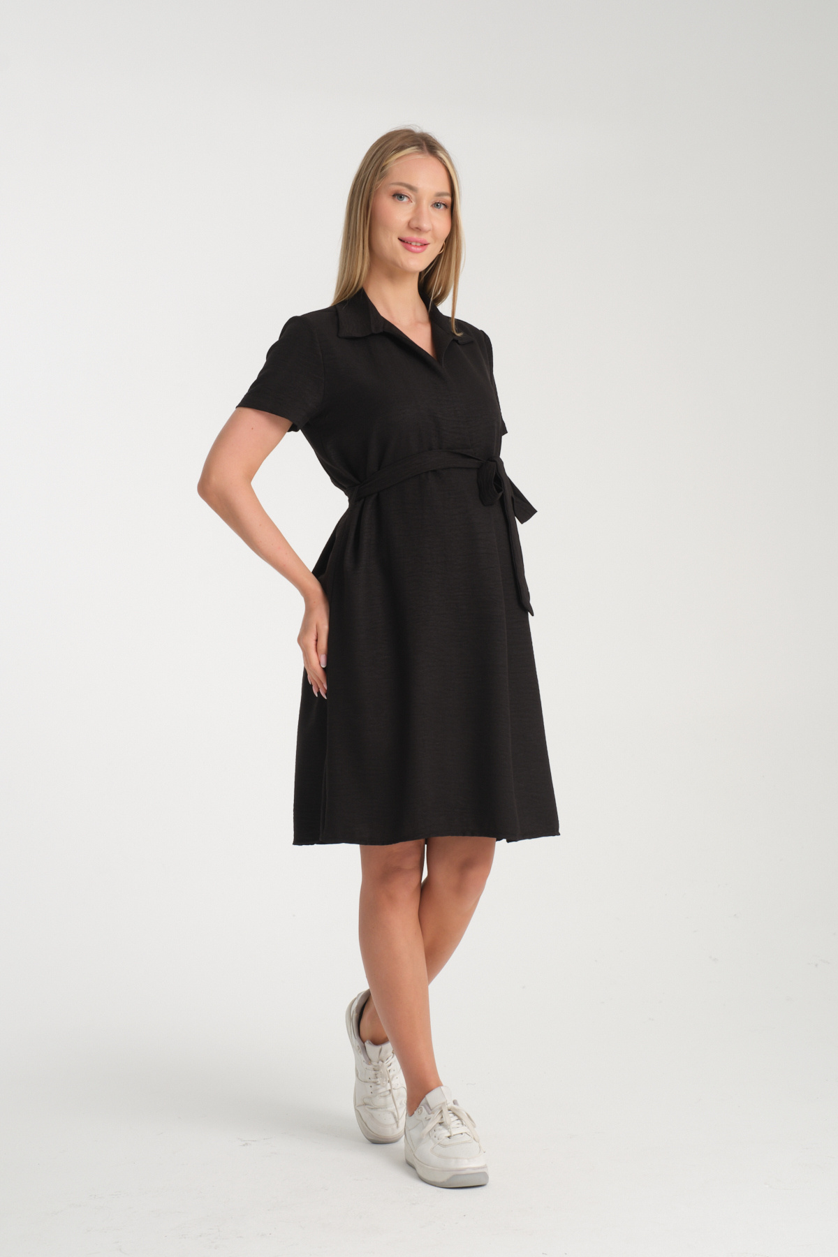 Entarim-Maternity Shirt Collar Linen Dress 1
