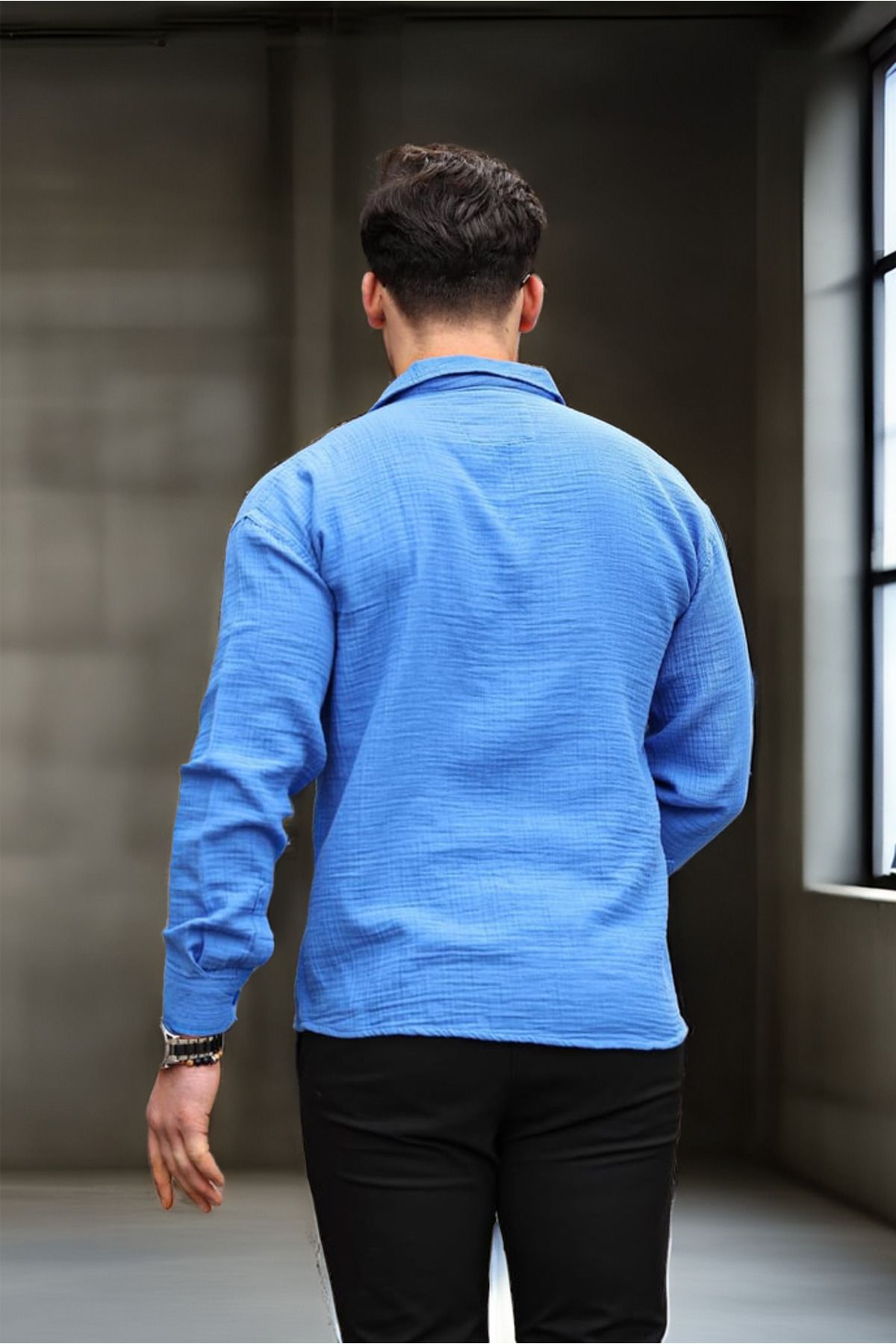 Valiberta-Apache Collar Oversize Muslin Fabric Shirt - Parliament Blue 4