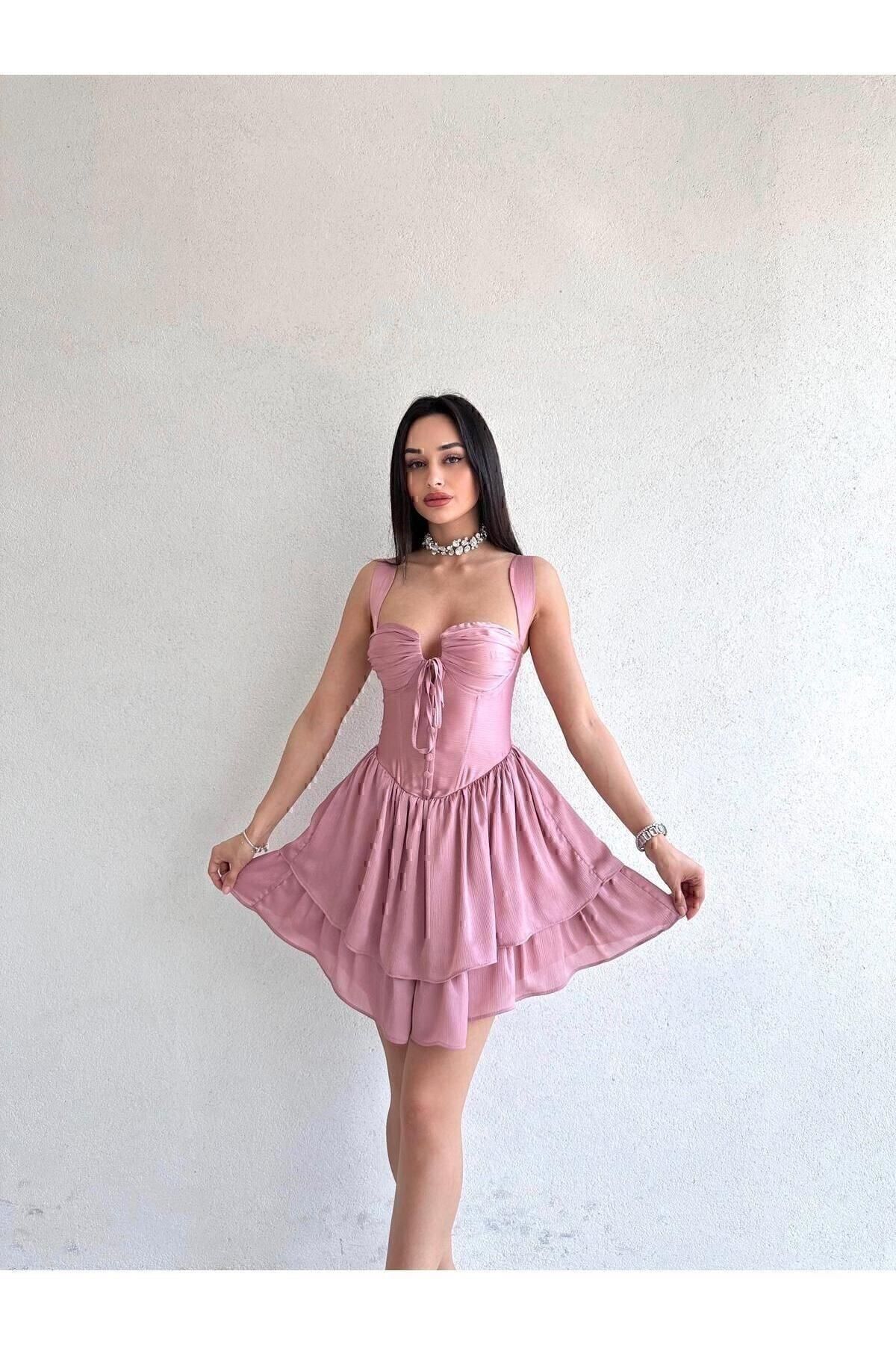 MİSSCİXFASHİON-Chest Detailed Thick Strap Backless Powder Mini Dress - Evening Dress & Graduation Dress 2