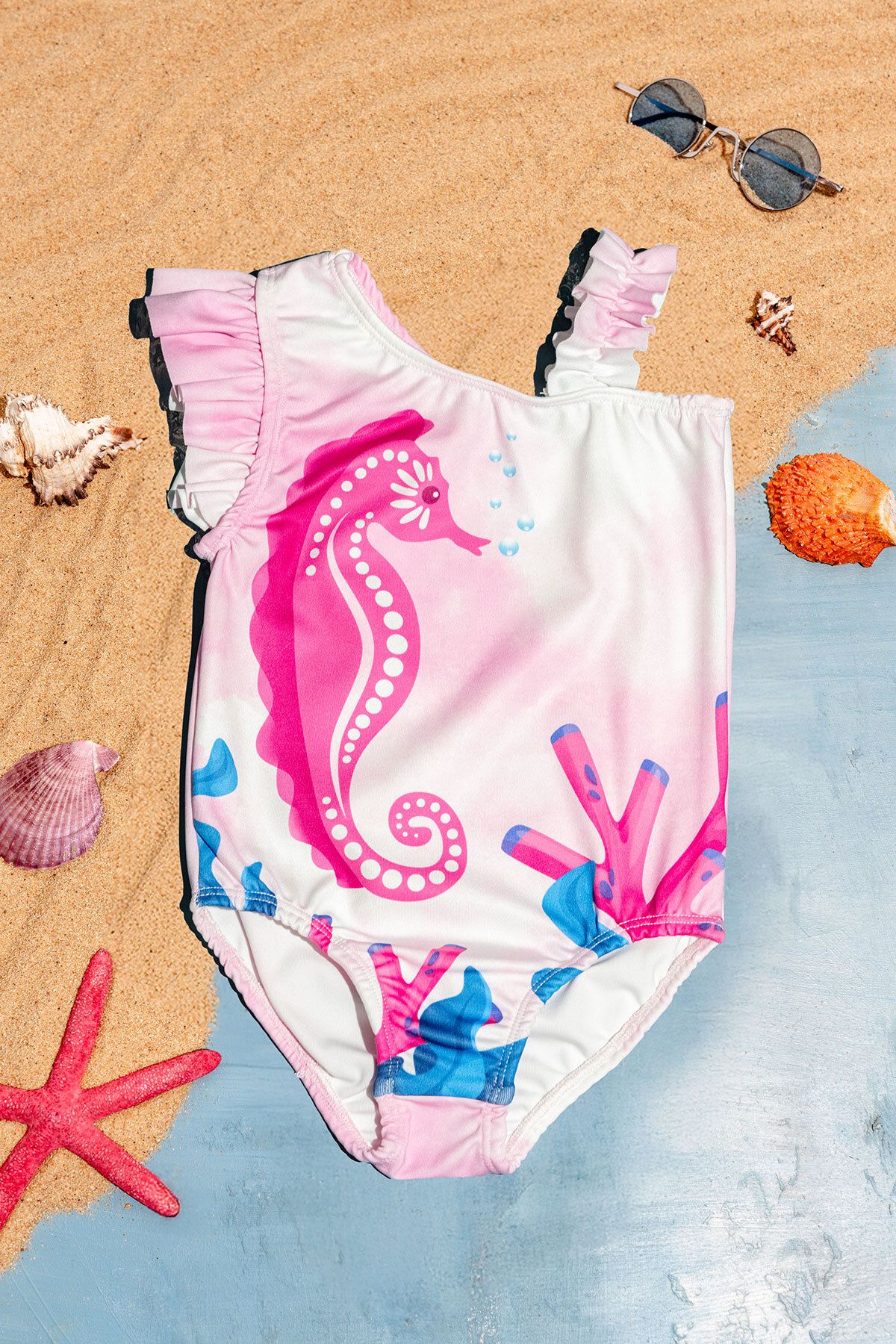 Beniizle-One Shoulder Sea Horse Patterned Girl's Swimsuit with Ruffle Detail 1