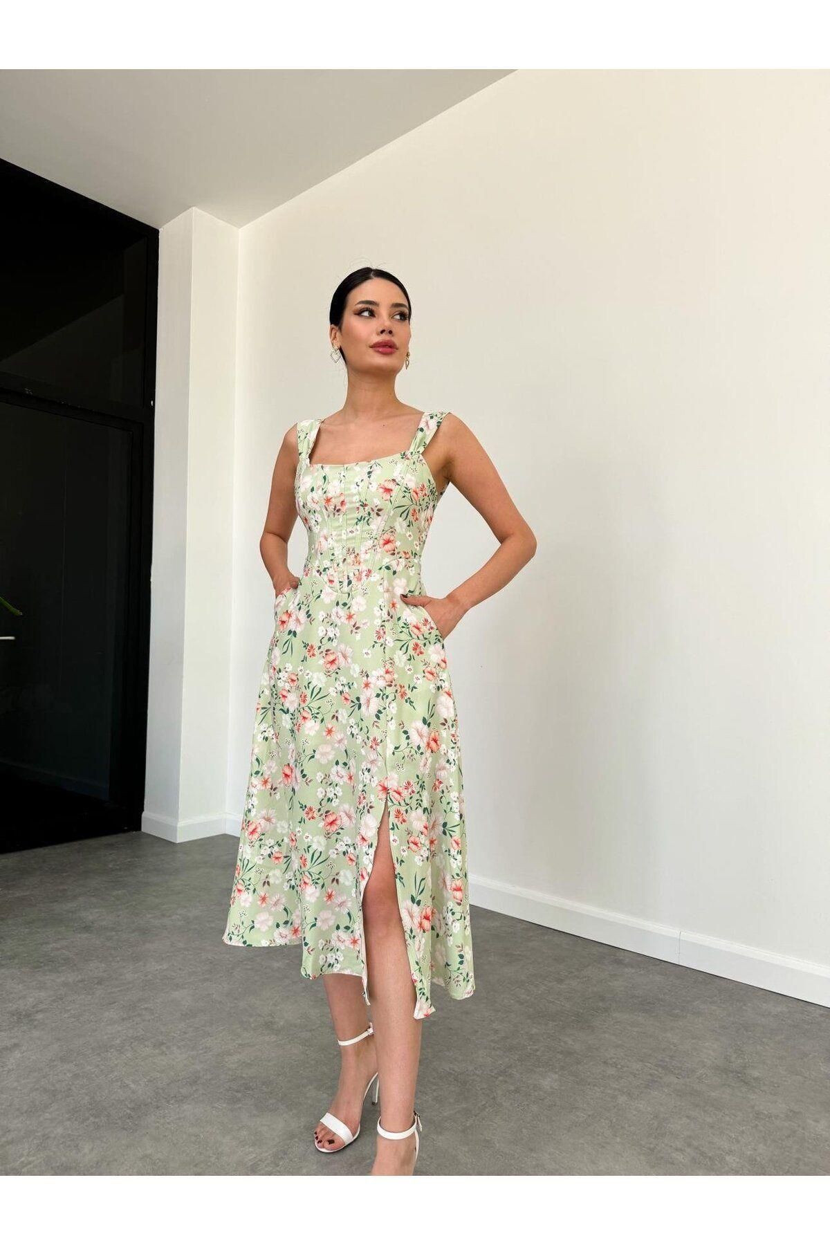 MİSSCİXFASHİON-Thick Strap Floral Midi Women's Evening Dress - Back Rope Tie Graduation Dress 4