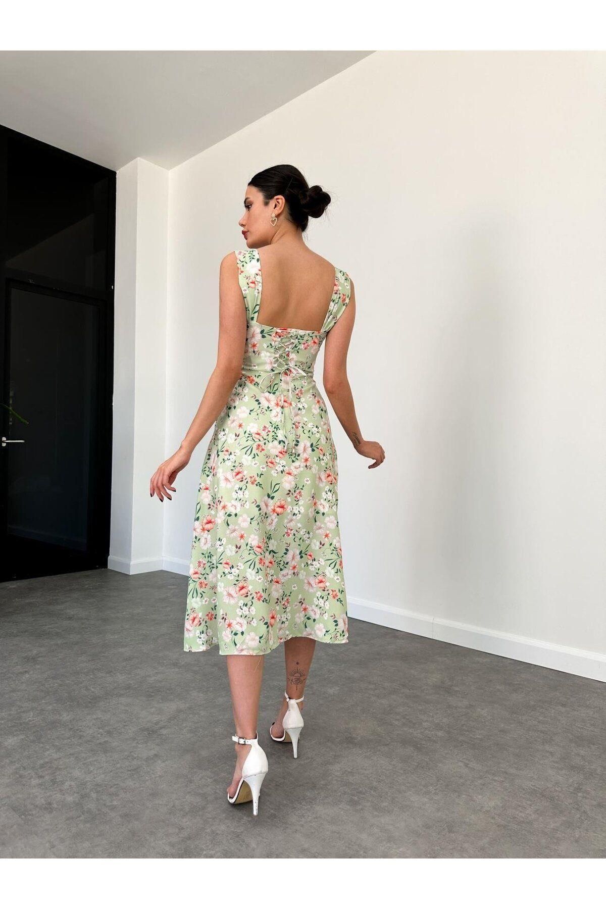 MİSSCİXFASHİON-Thick Strap Floral Midi Women's Evening Dress - Back Rope Tie Graduation Dress 6
