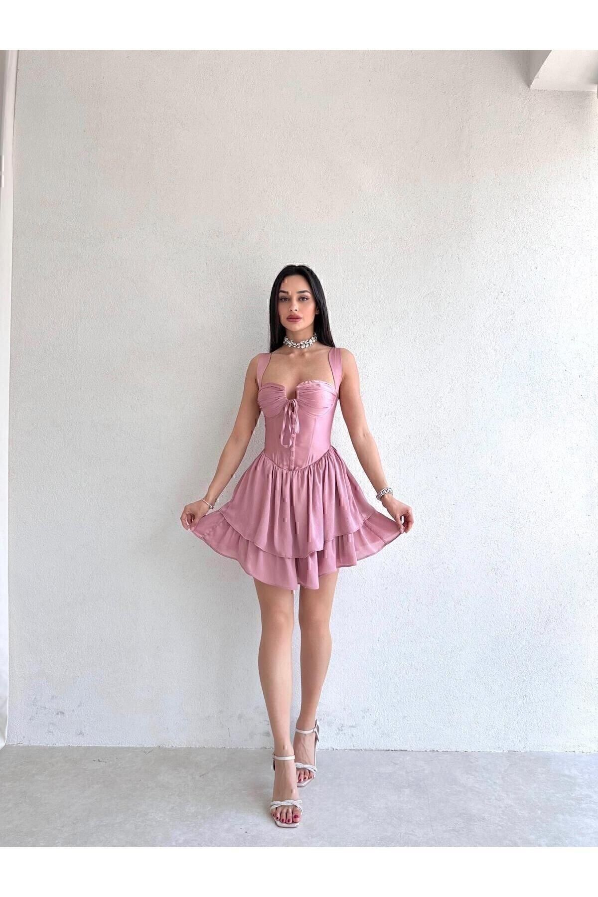 MİSSCİXFASHİON-Chest Detailed Thick Strap Backless Powder Mini Dress - Evening Dress & Graduation Dress 4
