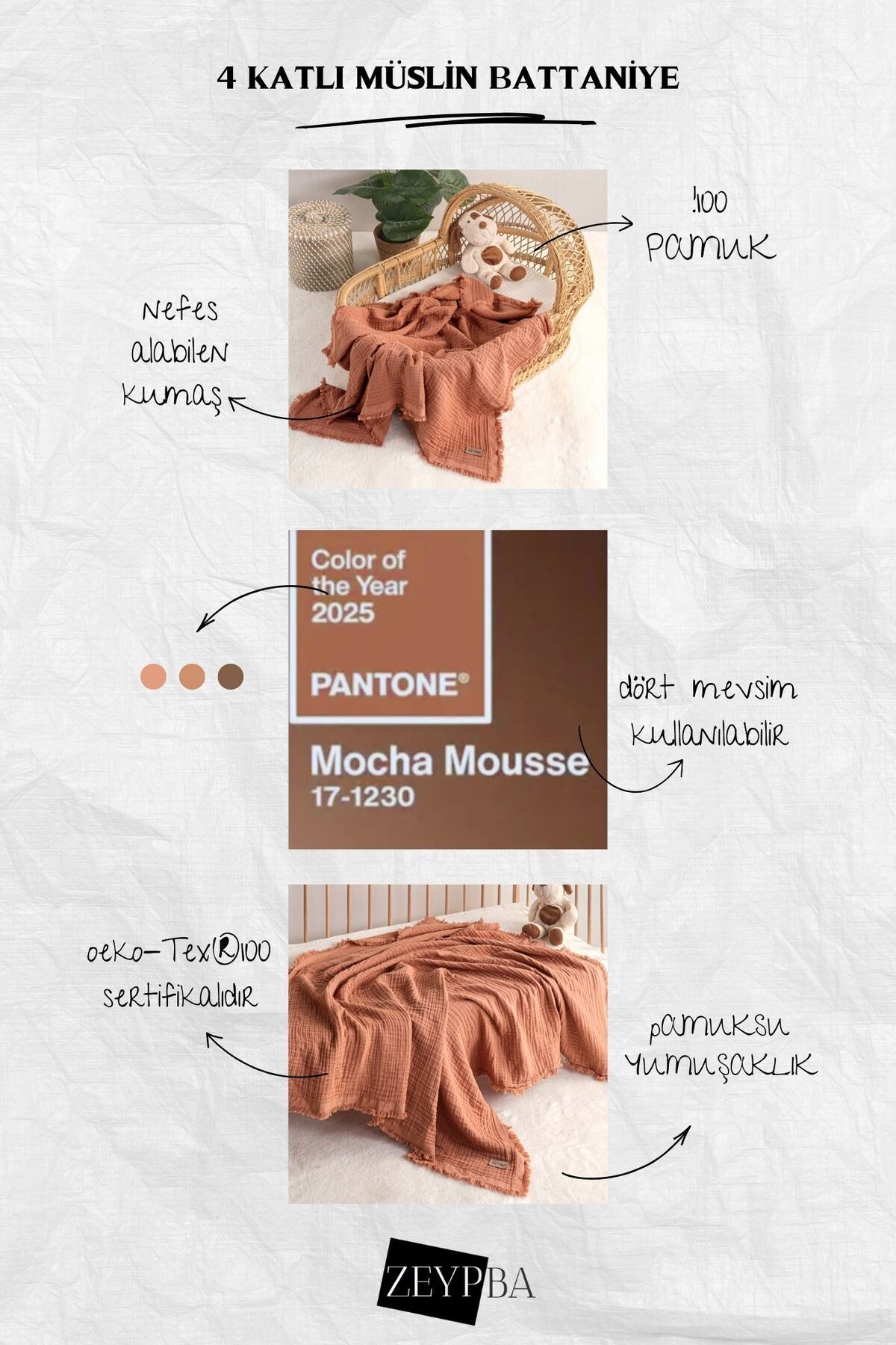 ZEYPBA % 100 Pamuk 4 Katlı Müslin Örtü Mocha Mousse 110x110 cm (Bebek & Çocuk İçin) Püsküllü fotoğrafı 7 (önizleme)