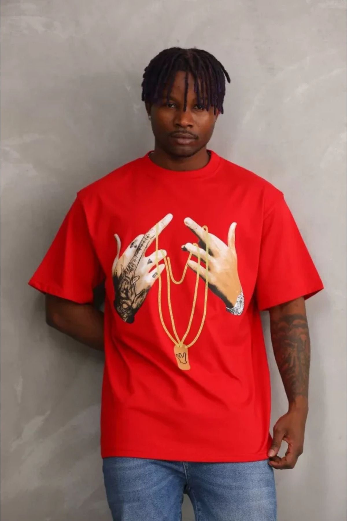 MODA Unisex Baskılı Oversize T-Shirt - Kırmızı