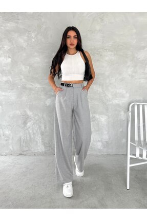 Gugus KADIN BELİ TOKALI/KEMER DETAYLI BOL PAÇA KUMAŞ PANTOLON