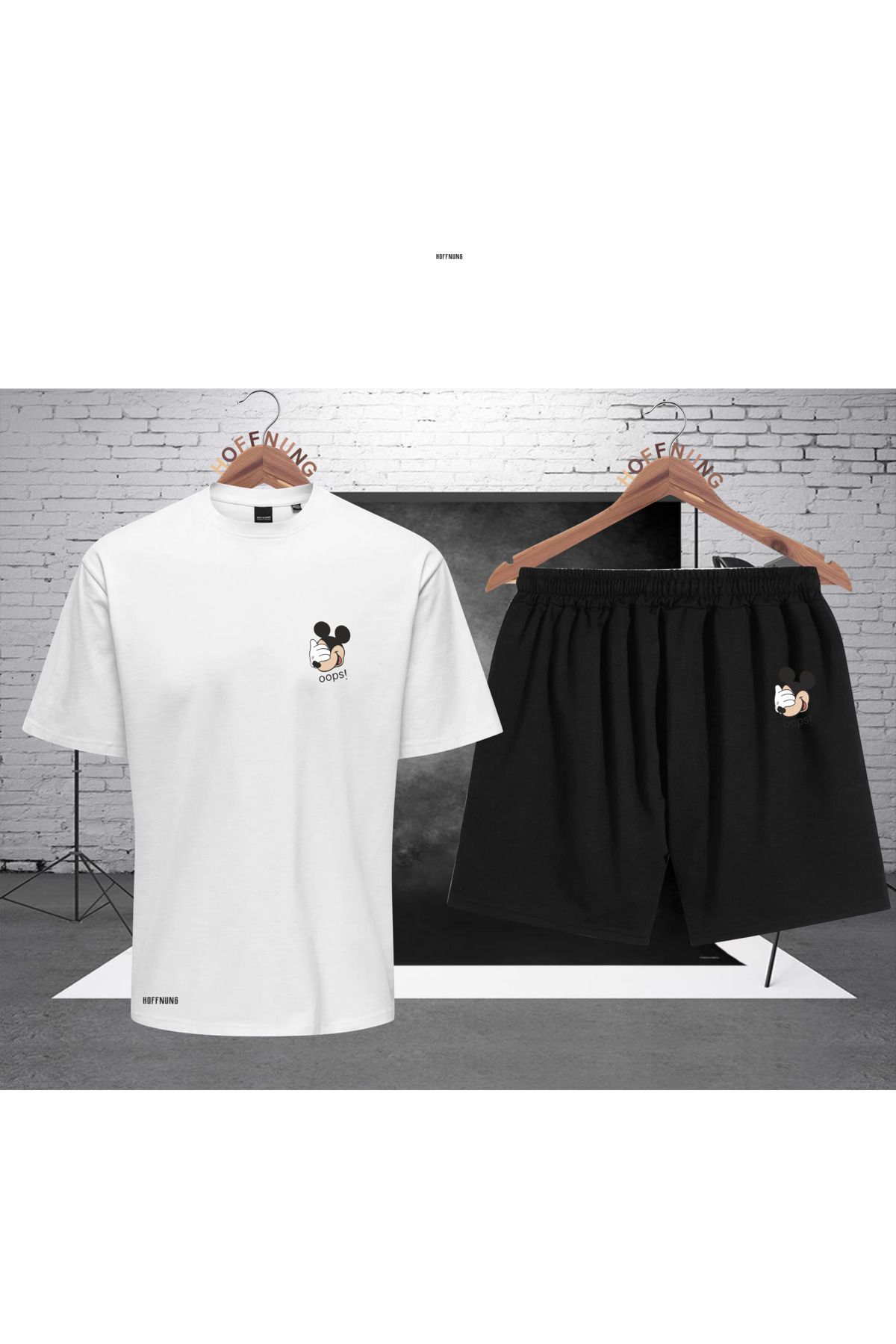 HOFFNUNG Full Shorts Mıckey Mouse Unisex Baskı T-shirt Unisex Baskı Alt-üst Takım