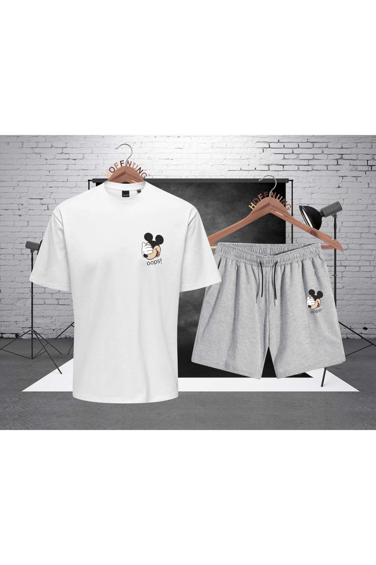 HOFFNUNG Full Shorts Mıckey Mouse Unisex Baskı T-shirt Unisex Baskı Alt-üst Takım
