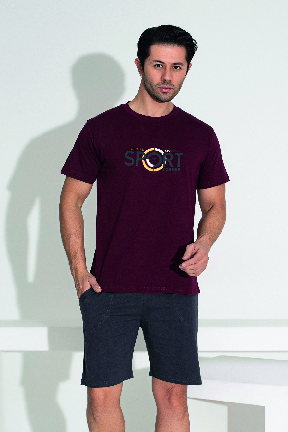 REMSA-Men's Shorts Tshirt Pajama Set 25253 Burgundy 4