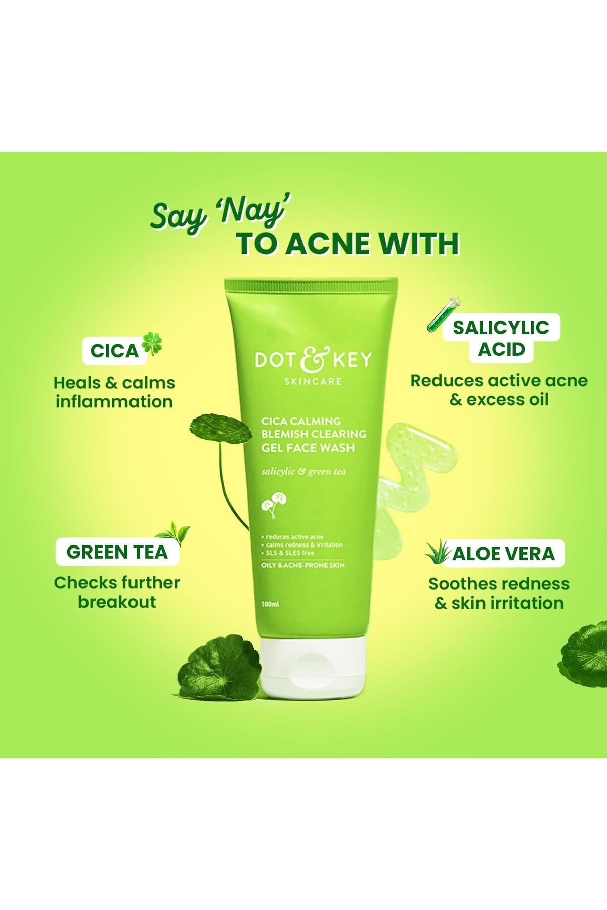 Dot KEY-Dot & Key Cica 2% Salicylic Acid Face Wash for Oily, Acne Prone Skin, With Green Tea | Acne Clearing 5
