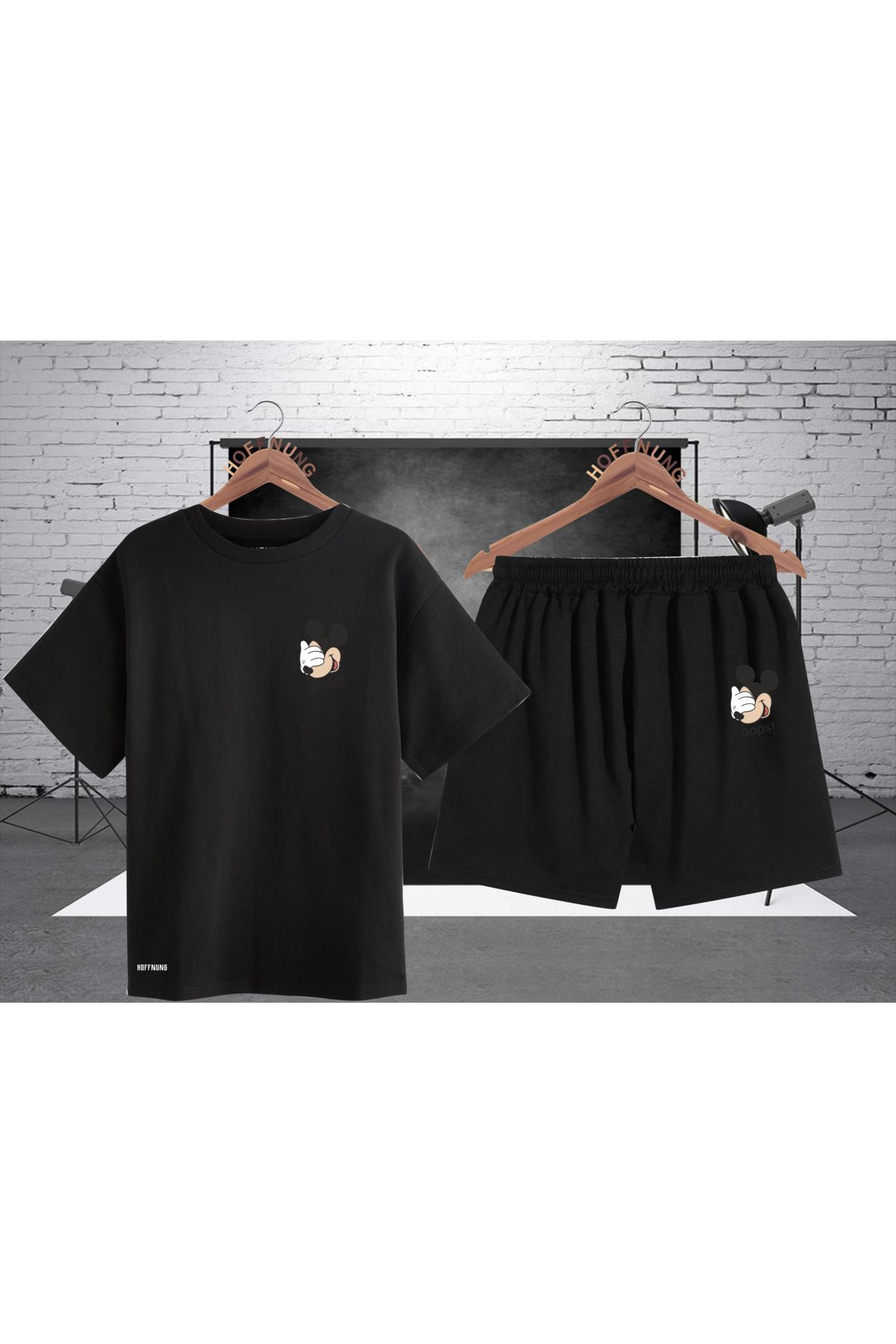HOFFNUNG Full Shorts Mıckey Mouse Unisex Baskı T-shirt Unisex Baskı Alt-üst Takım