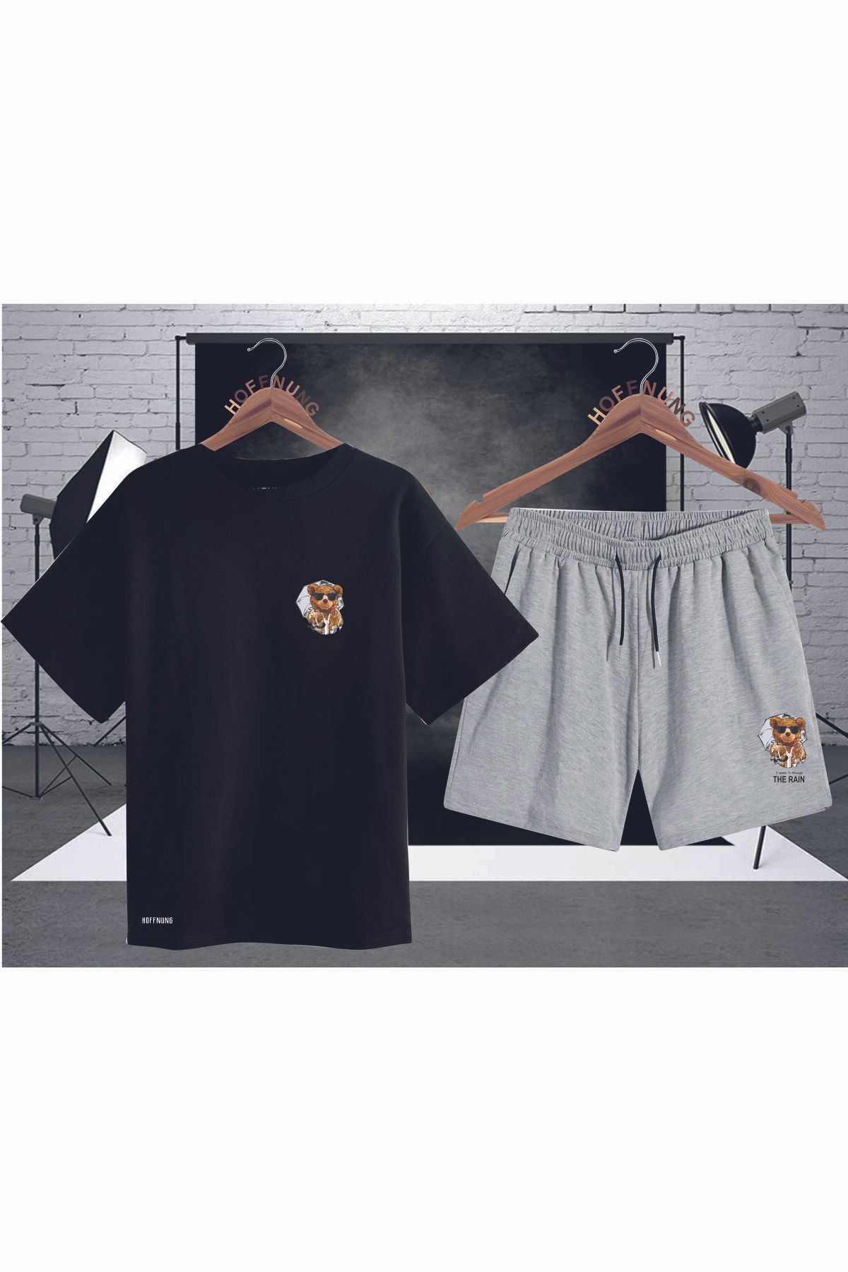 HOFFNUNG Full Shorts Yağmurun Altında Bir Ayı Baskı Alt-üst Takım