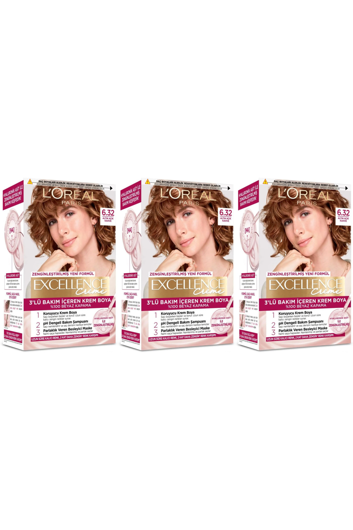 L'Oreal Paris Excellence Saç Boyası 6.32 Altın Açık Kahve 3'lü Set