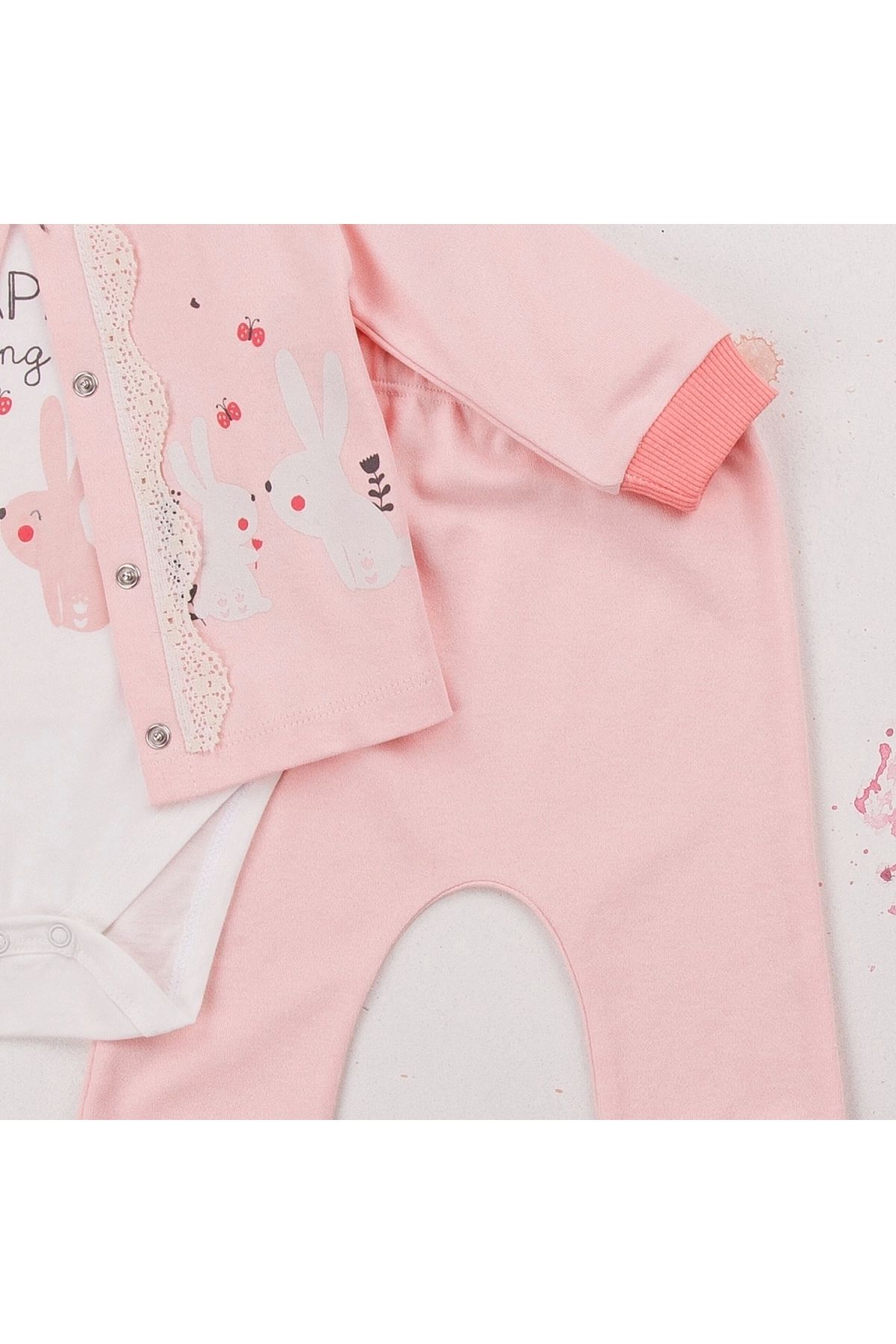 BYB MODA TASARIM 3-9 Ay Kız Bebek Takımı Happy Dancing 3'lü Hırkalı Nar Çiçeği