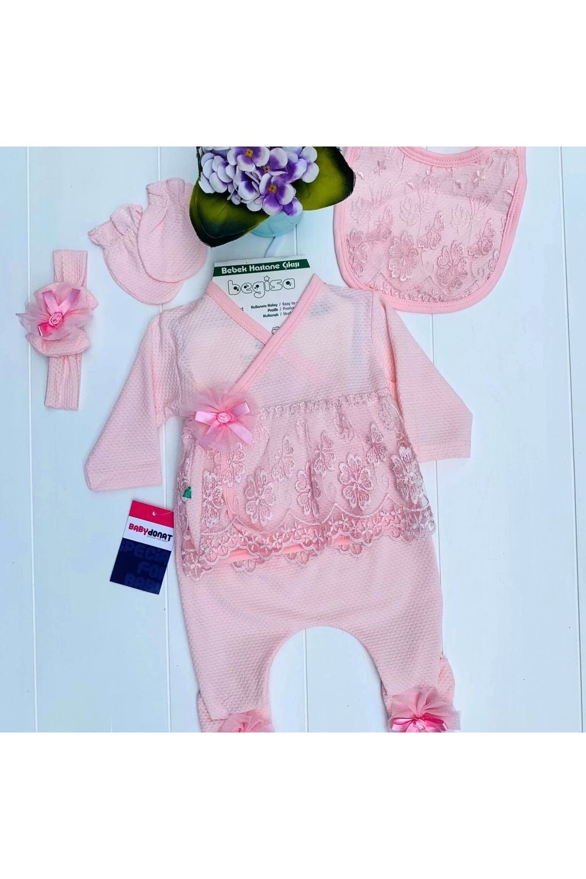 BYB MODA TASARIM Dantel Desenli 0-3 Ay Bebek Mevlüt Takımı Pembe