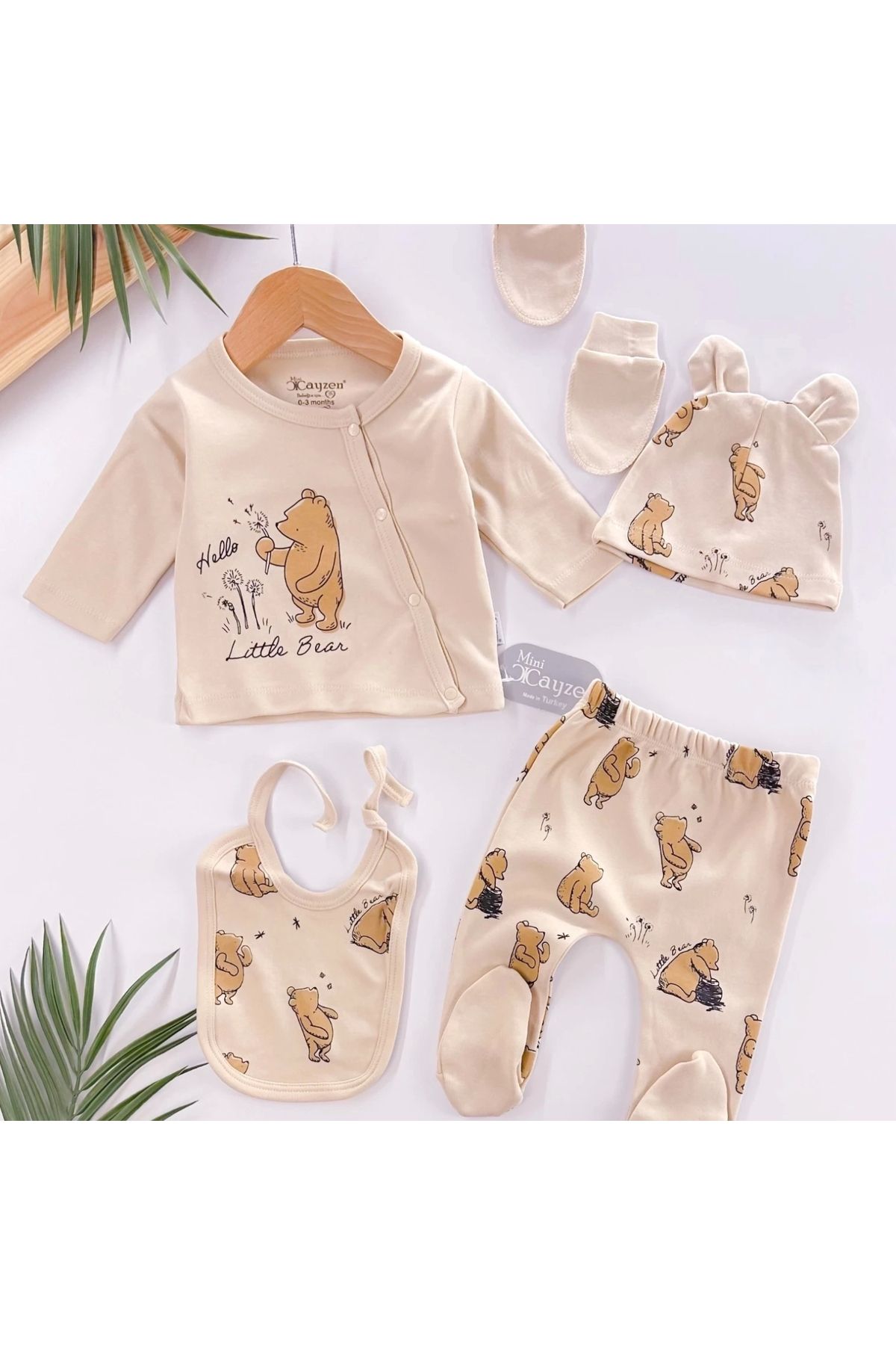 BYB MODA TASARIM Hello Little Bear Baskılı 5 Parça %100 Pamuk Erkek Bebek Hastane Çıkışı