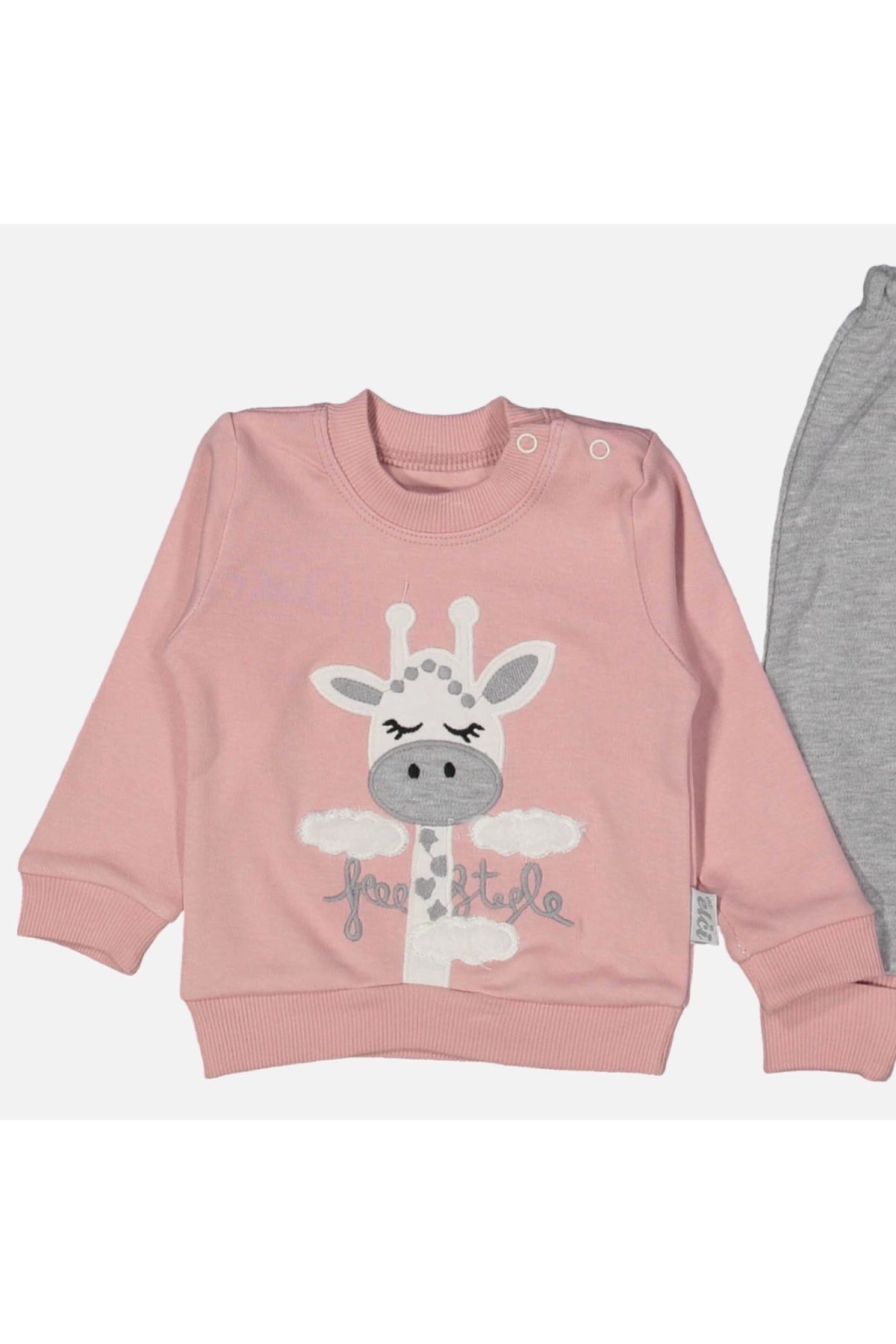 BYB MODA TASARIM 3-9 Ay Kız Bebek Alt&Üst Takımı Zürafa Nakışlı Pudra