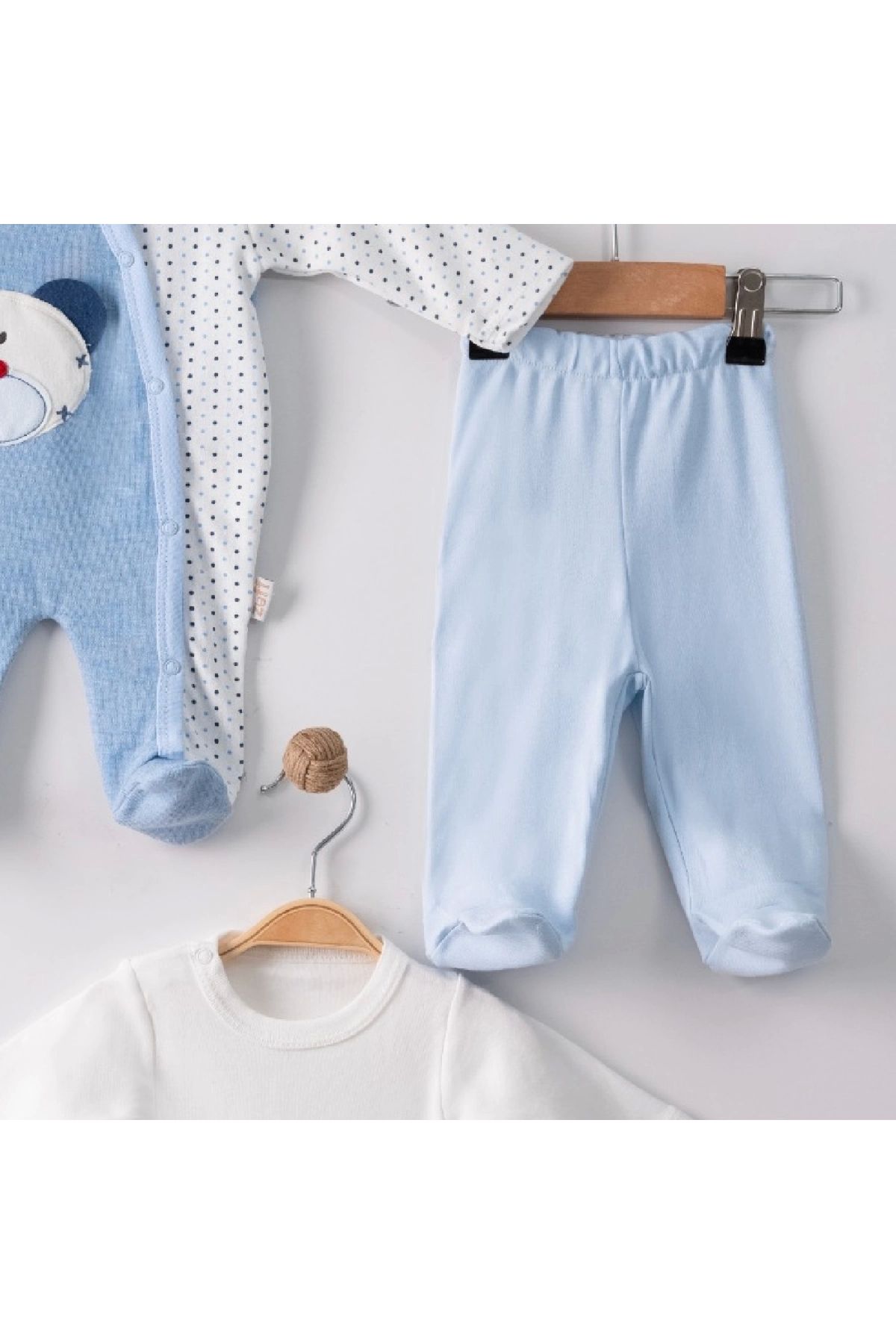 BYB MODA TASARIM 3 Ay Ayıcık Nakış Tulumlu Erkek Bebek 5'li Set Mavi