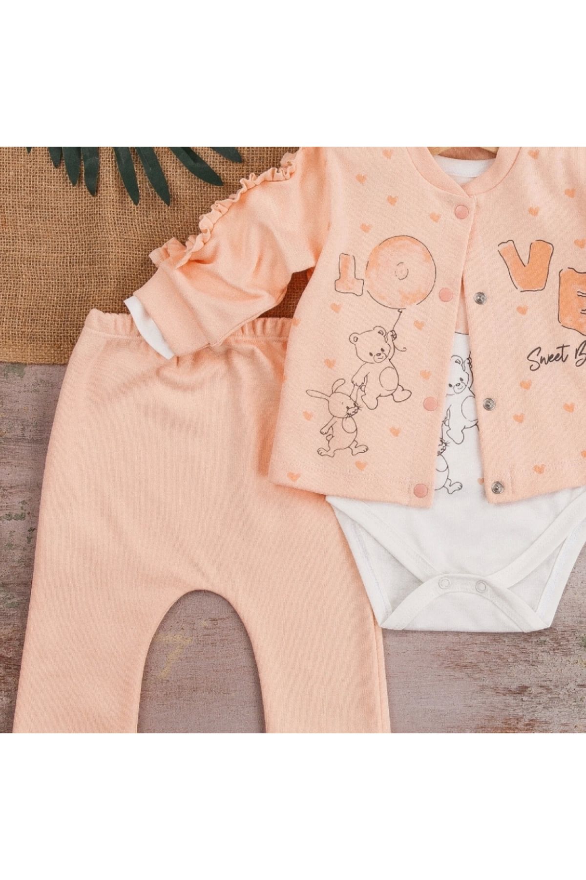 BYB MODA TASARIM 3-9 Ay Kız Bebek Takımı Love Tavşan Kol Detay 3'lü Hırka Somon