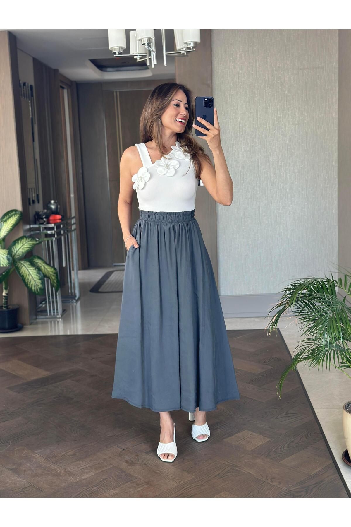 Forlady Butik Antrasit Tnsl Kumaş Beli Lastikli Cepli Kadın Midi Boy Etek
