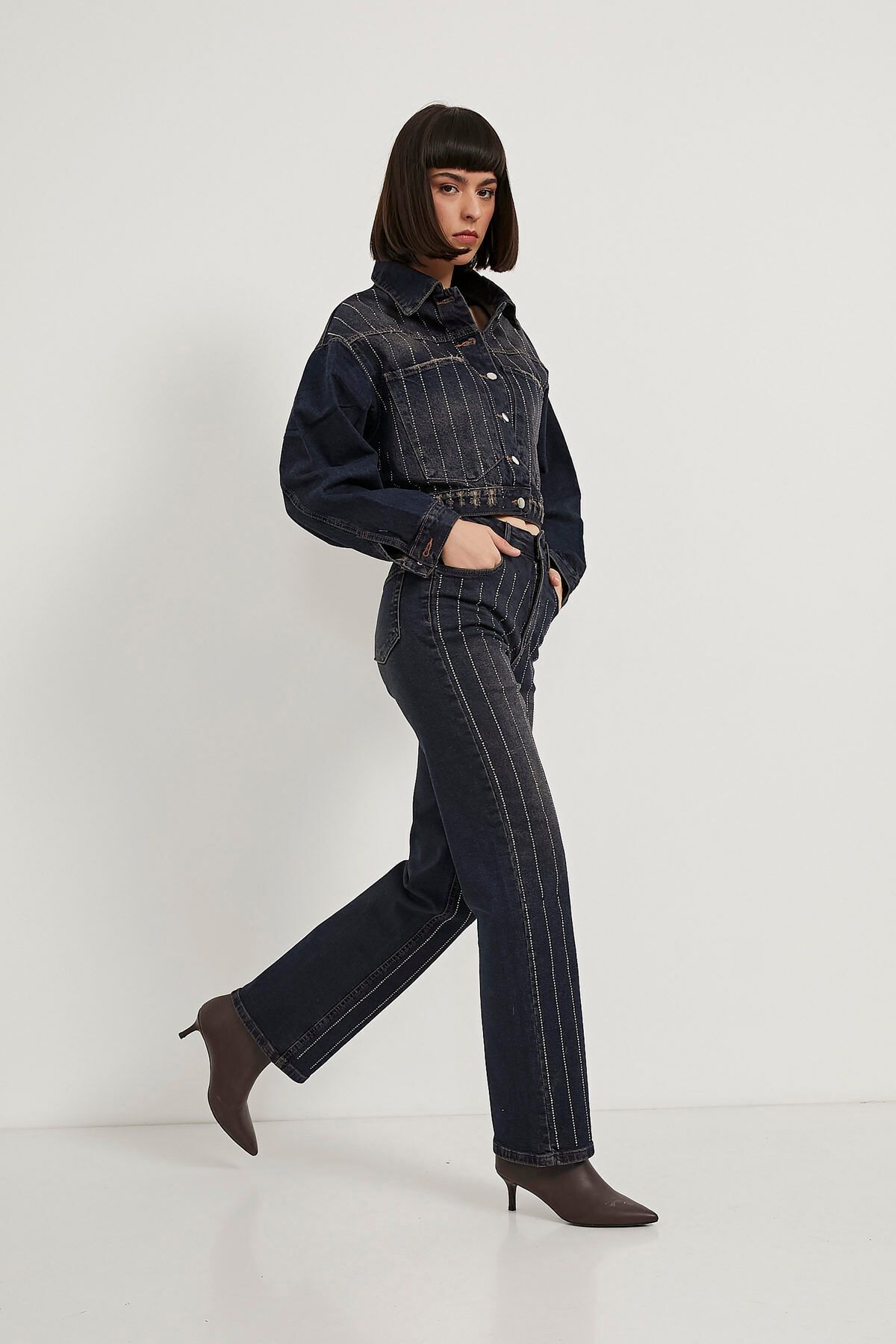 Arma Life Kadın Denim Taşlı Straight Baggy Mavi Kot Pantolon