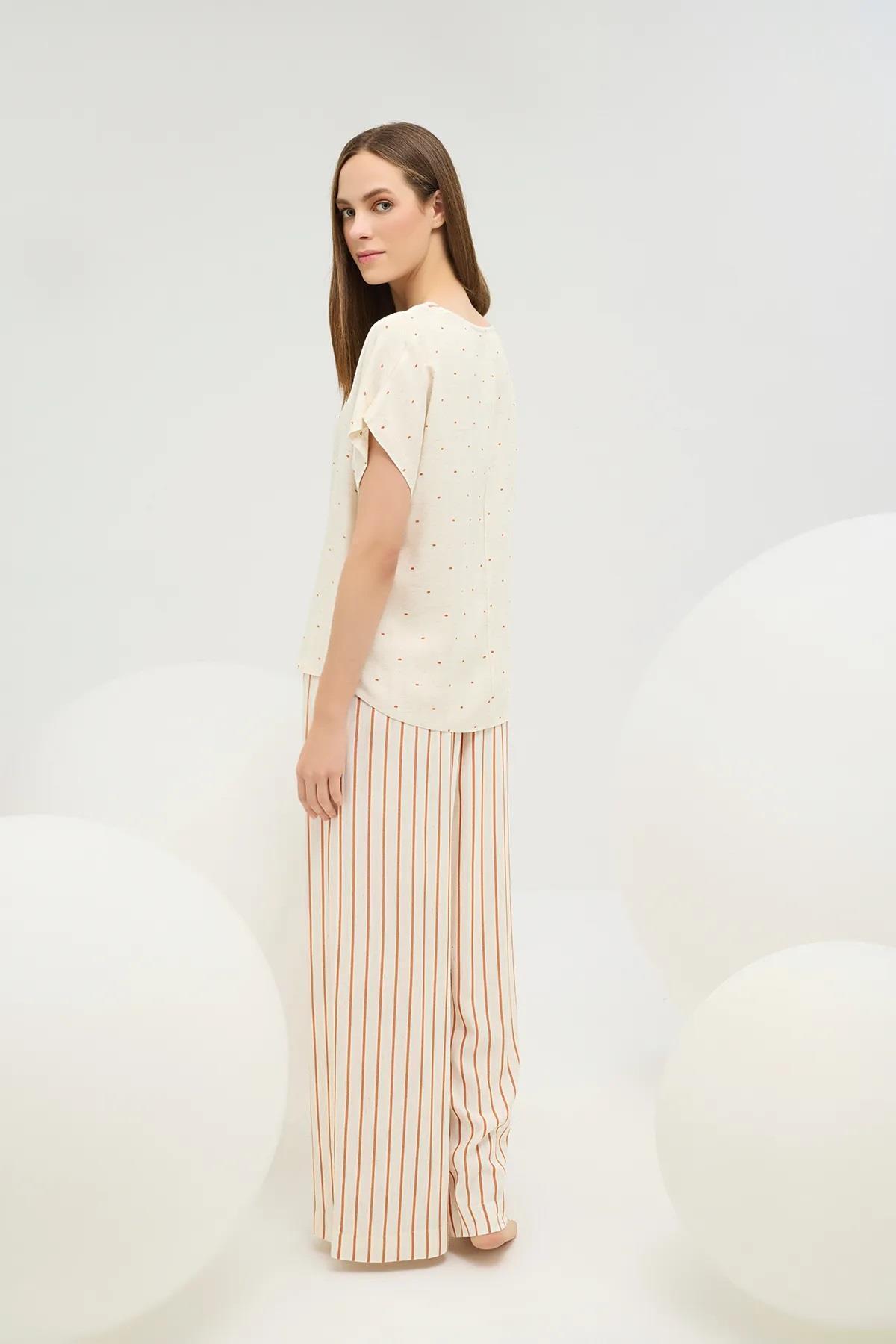 Sevim-16724 Beige Striped Polka Dot Trousers Pajama Set 3