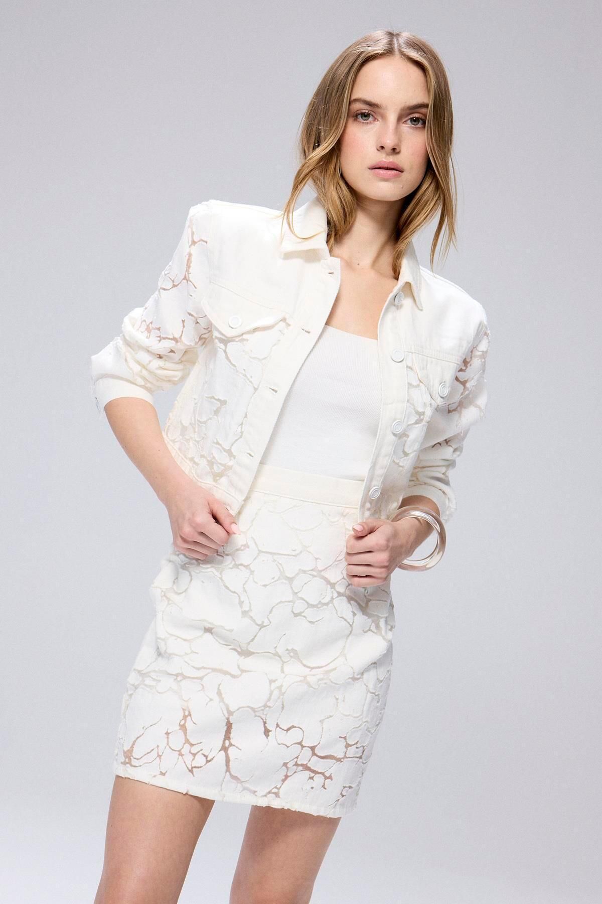 rue.-Fusta mini din denim ecru cu detaliu transparent 2