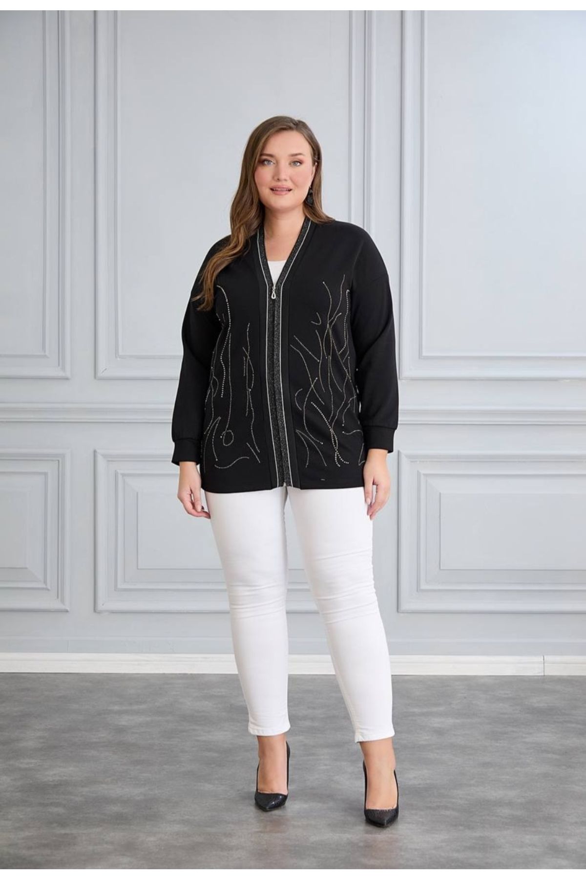 Serra-Women's Plus Size Stone Patterned Zippered Cardigan 4