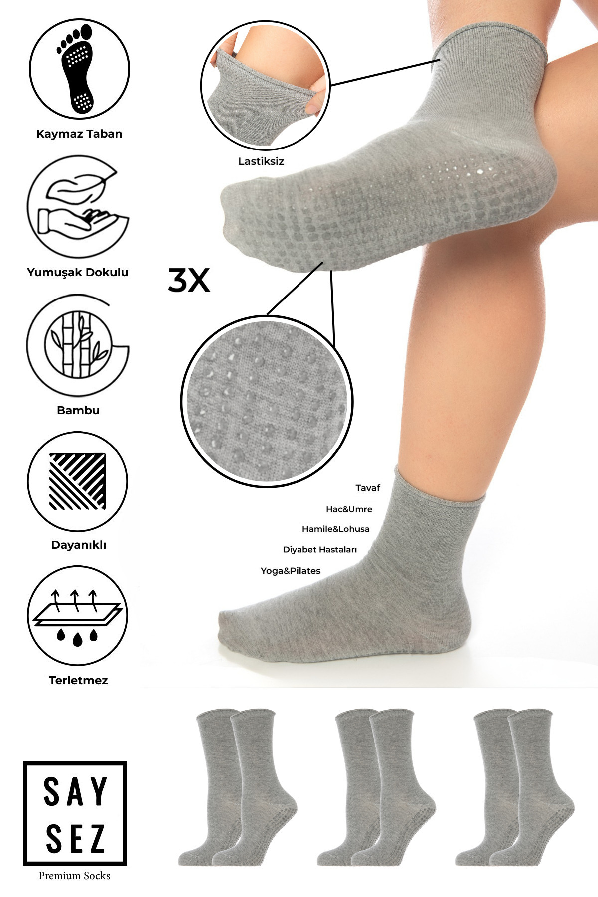 SAYSEZ Bambu Kaydırmaz Taban Silikon Baskı Hac Umre Tavaf Hamile Diyabet Pilates Yoga Lastiksiz Çorap 3'lü