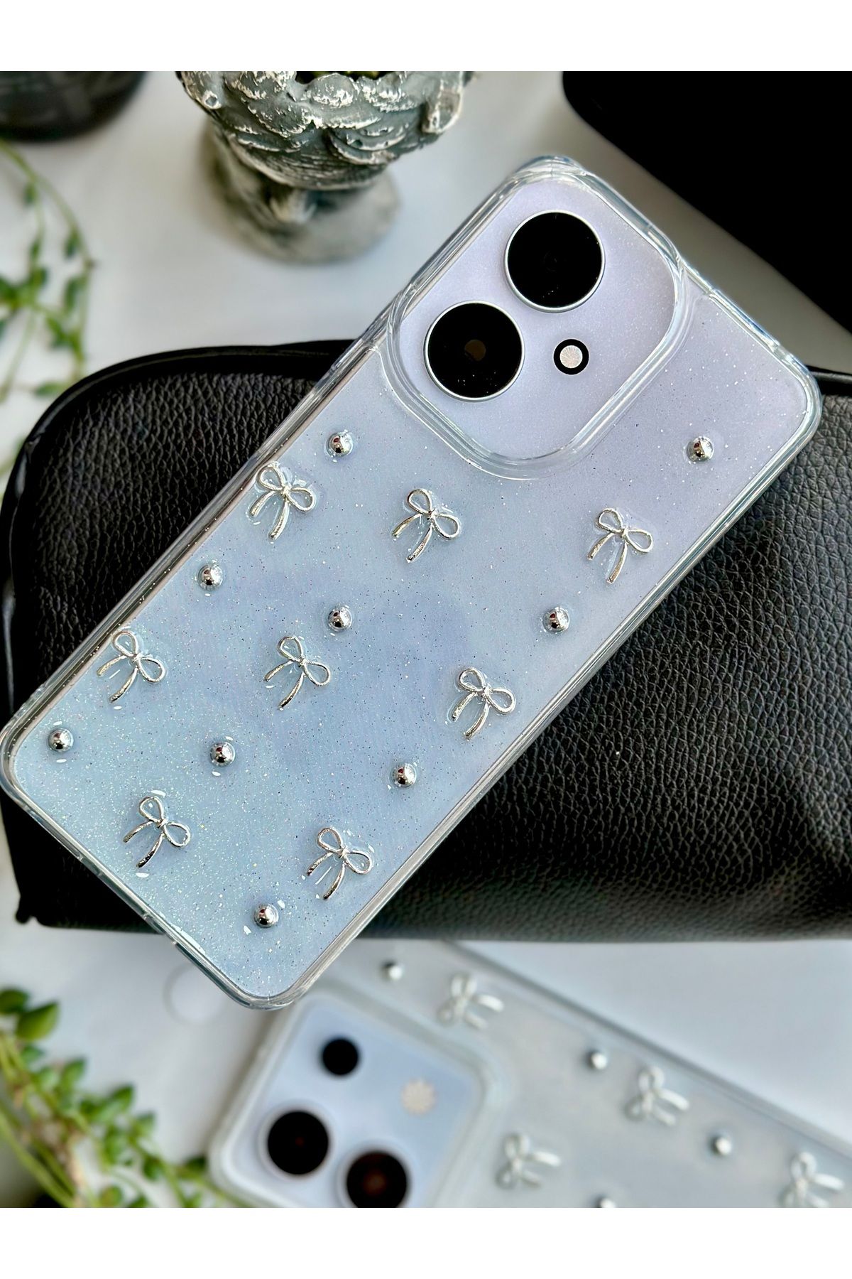 Go Aksesuar-حافظة سيليكون بتصميم فيونكة صغيرة ثلاثية الأبعاد متوافقة مع هاتف Xiaomi Redmi 13C مع لعبة 4